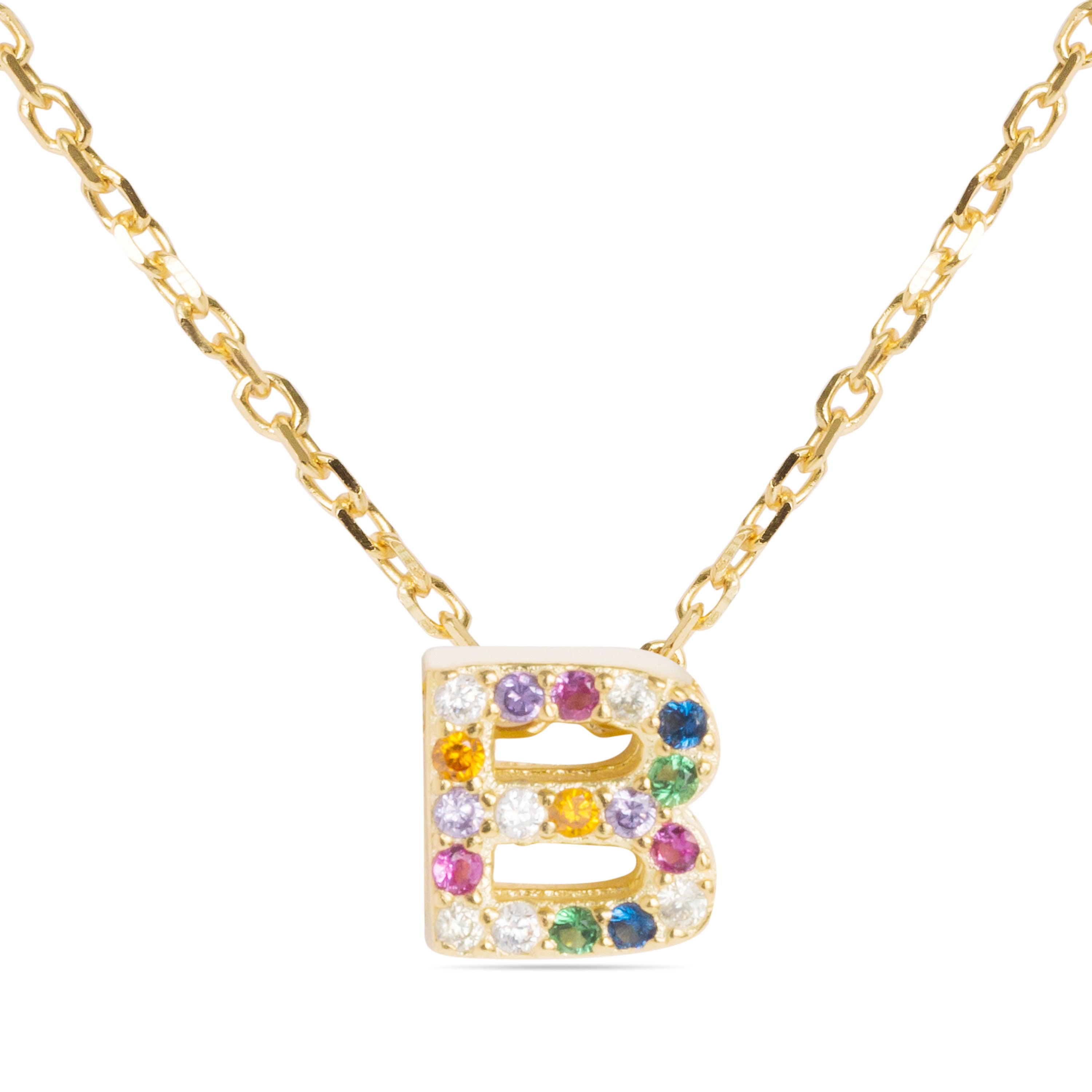 925 Sterling Silver Necklace with Multicolor Zirconia finished in 18K Yellow Gold - Alphabet