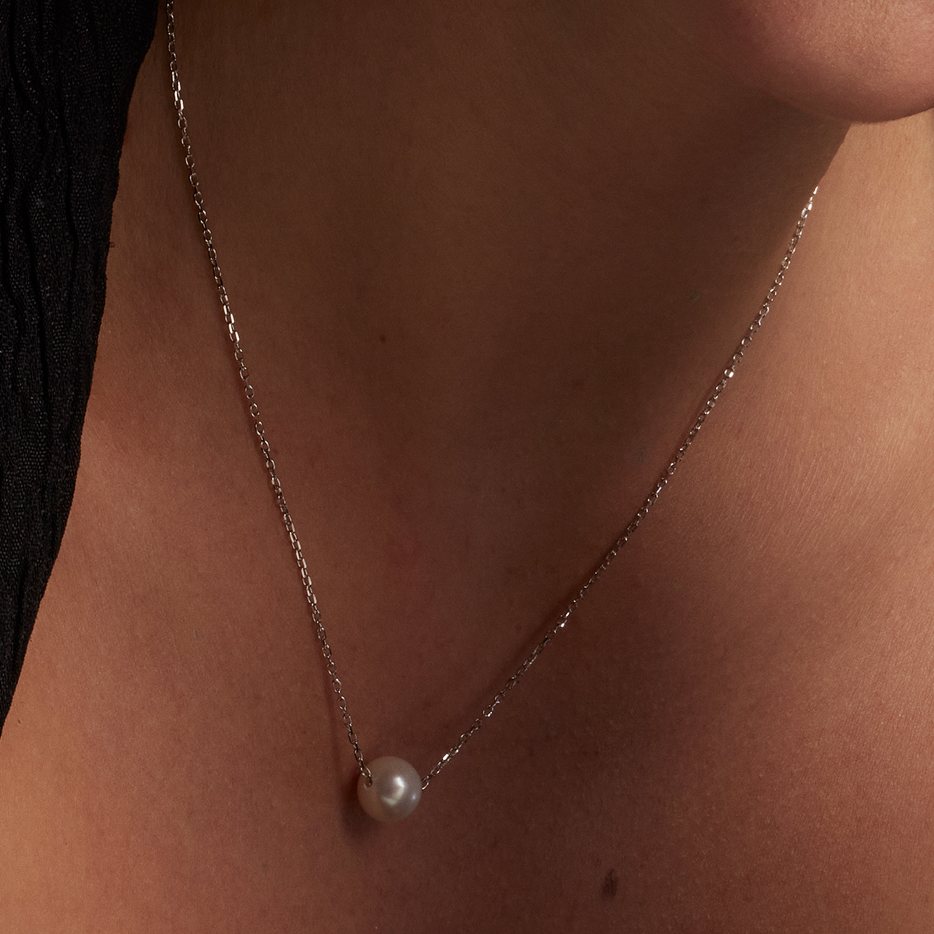 925 Sterling Silver Necklace with White Pearl, Rhodium Finish - Sadah