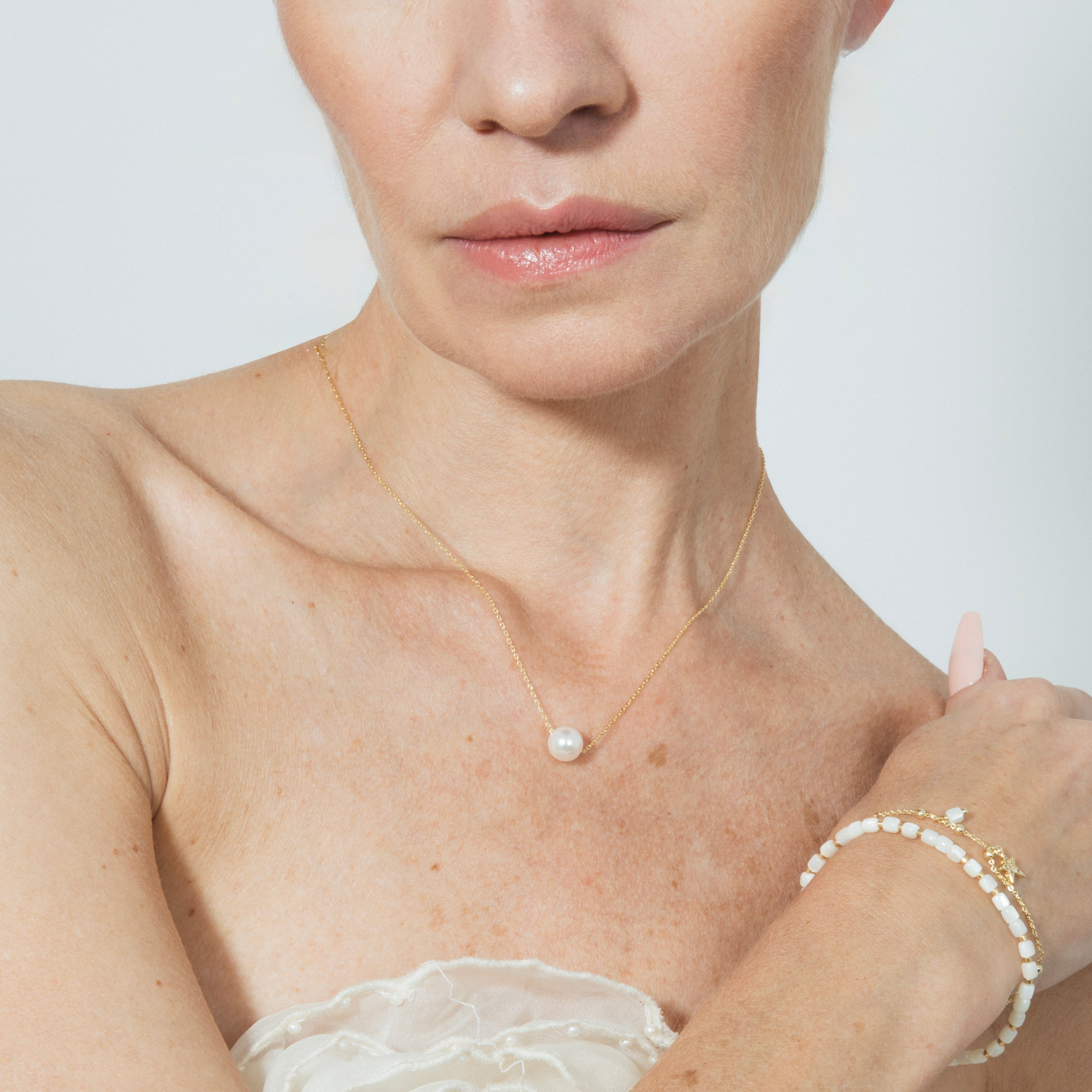 925 Sterling Silver Necklace with White Pearl Finished in 18K Yellow Gold - Sadah