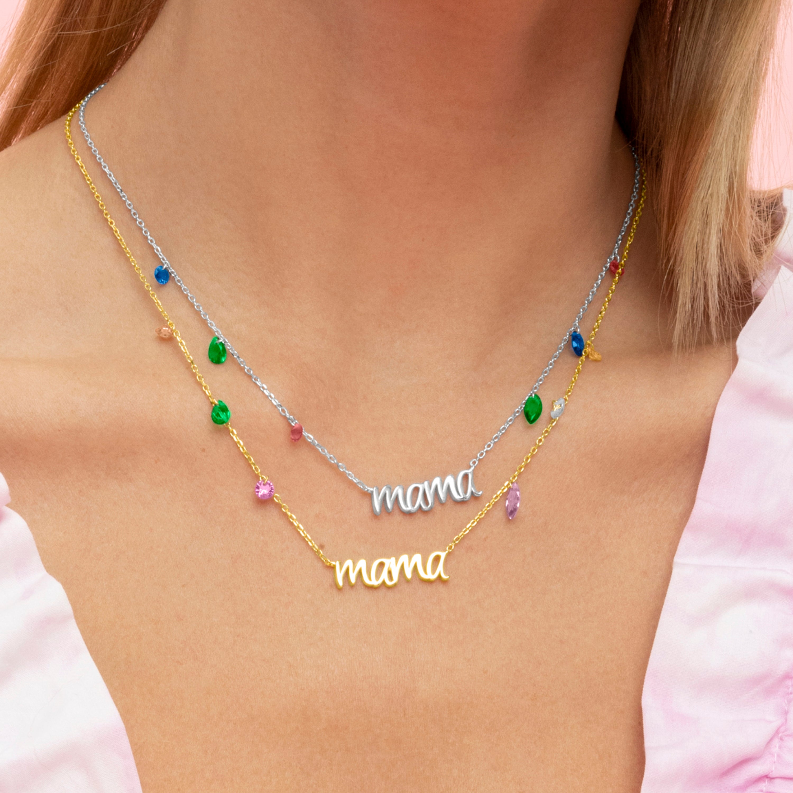 925 Sterling Silver Necklace with Multicolor Zirconia, Rhodium Finish - Mama