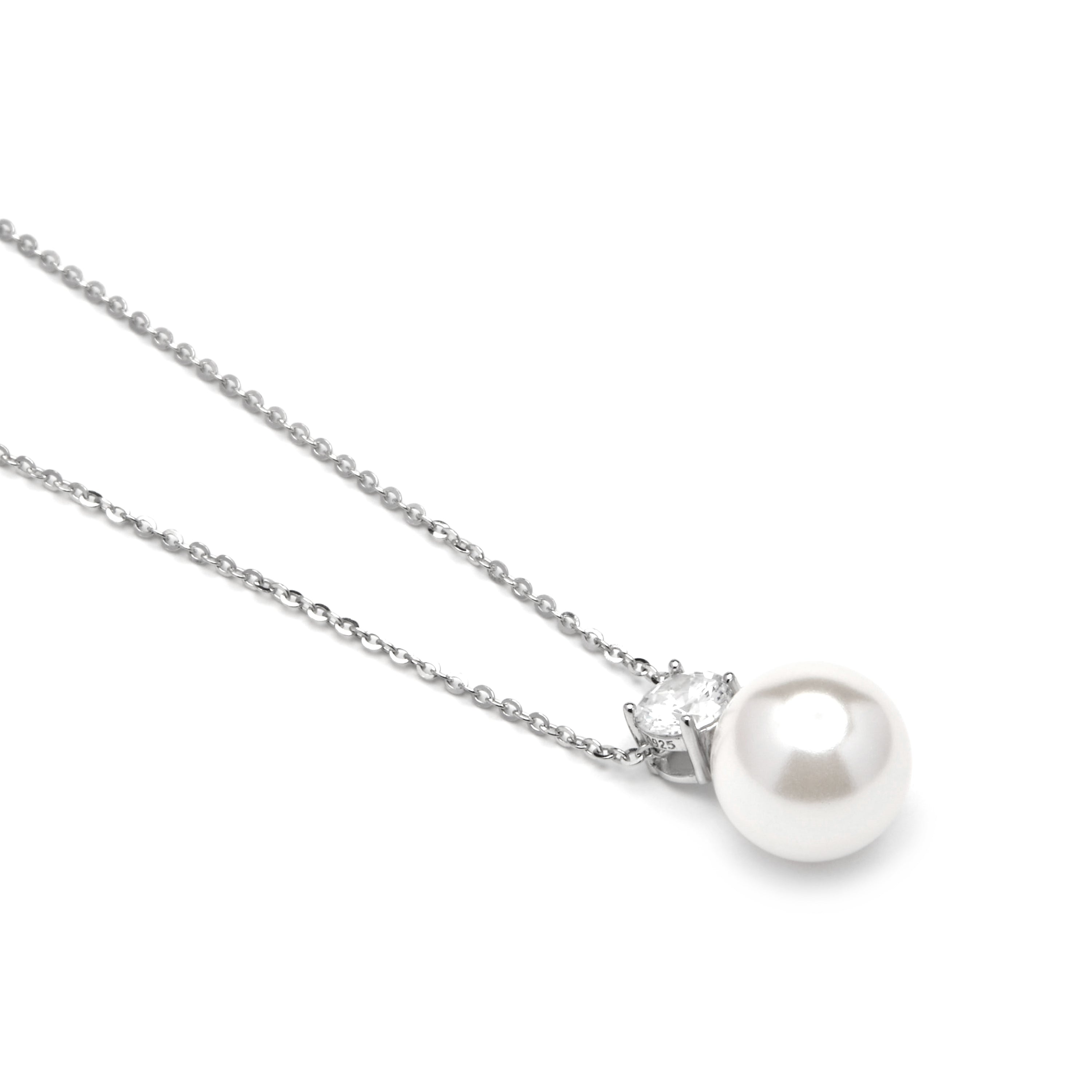 925 Sterling Silver and White Pearl Necklace with Rhodium Finish - Malam