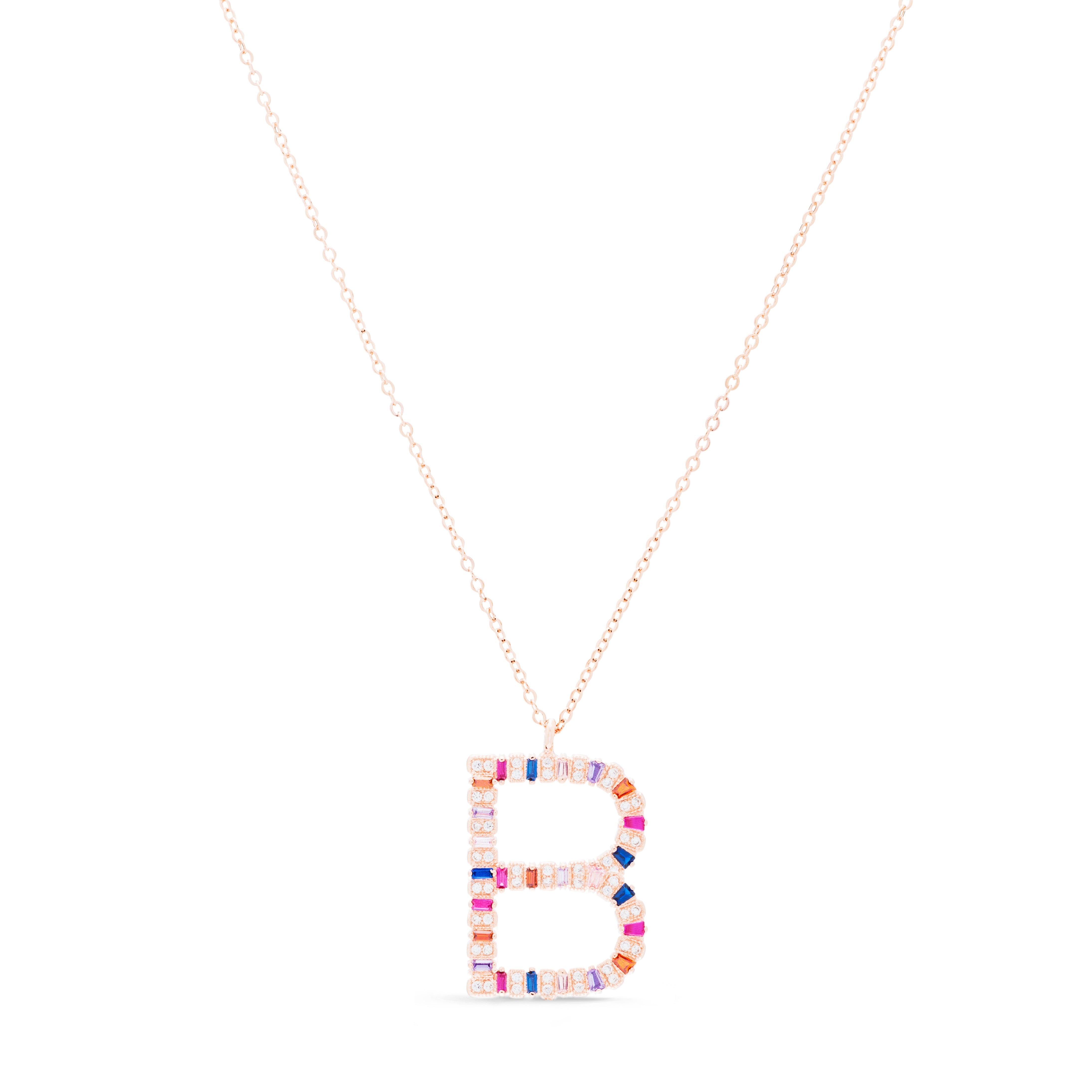 925 Sterling Silver Necklace with Multicolor Zirconia finished in 18K Rose Gold - Alphabet