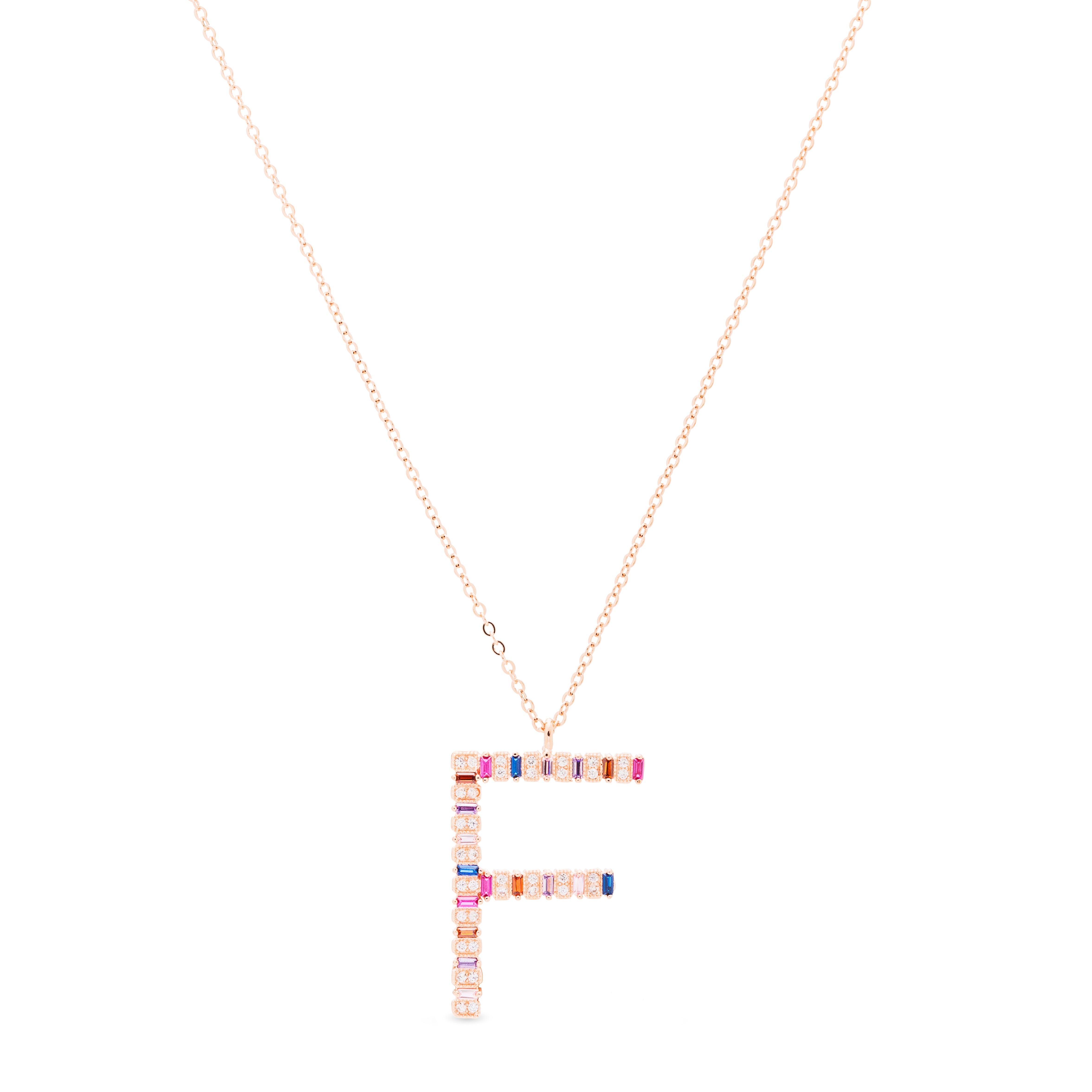 925 Sterling Silver Necklace with Multicolor Zirconia finished in 18K Rose Gold - Alphabet