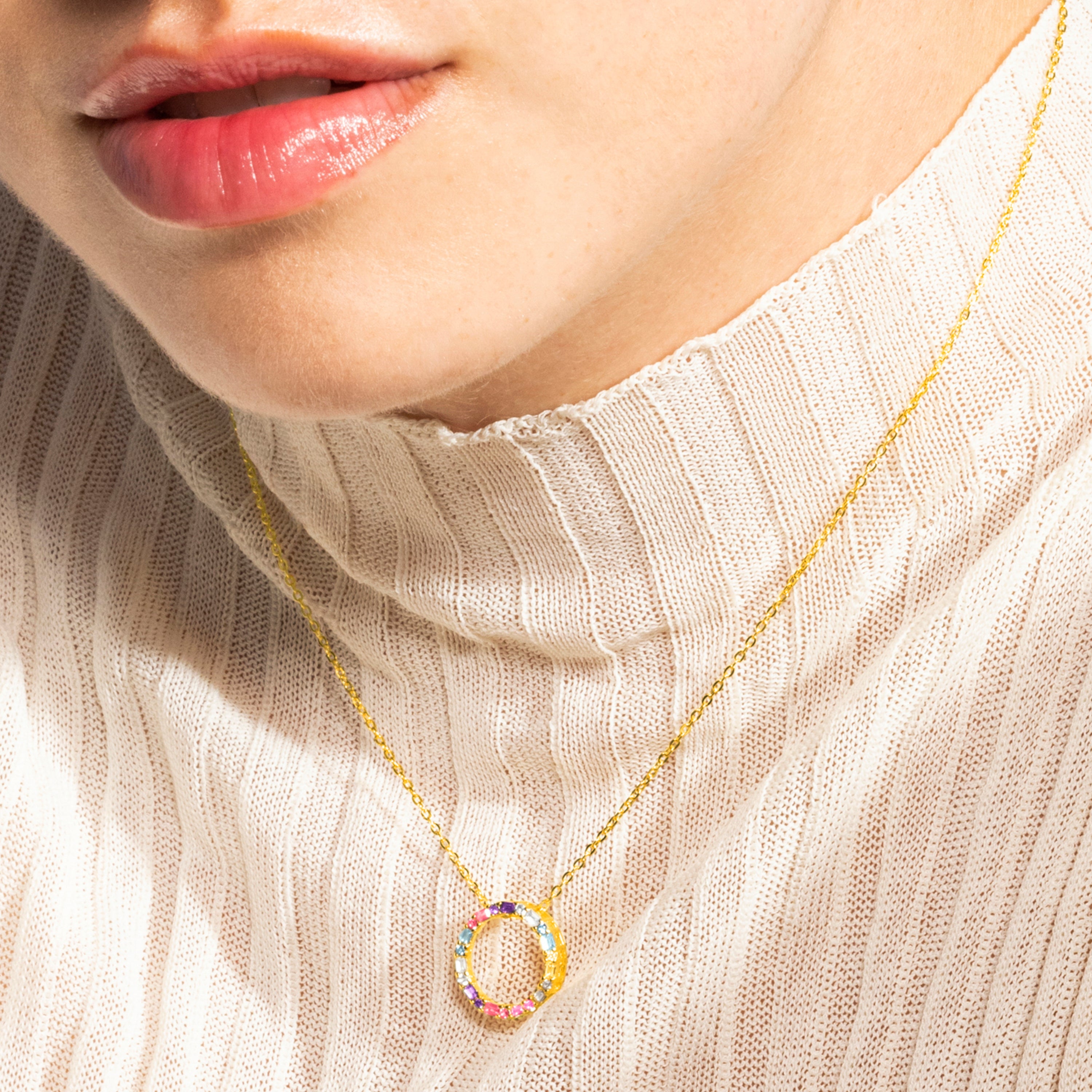 925 Sterling Silver and Multicolor Zirconia Necklace with 18k Gold Finish - Hrius
