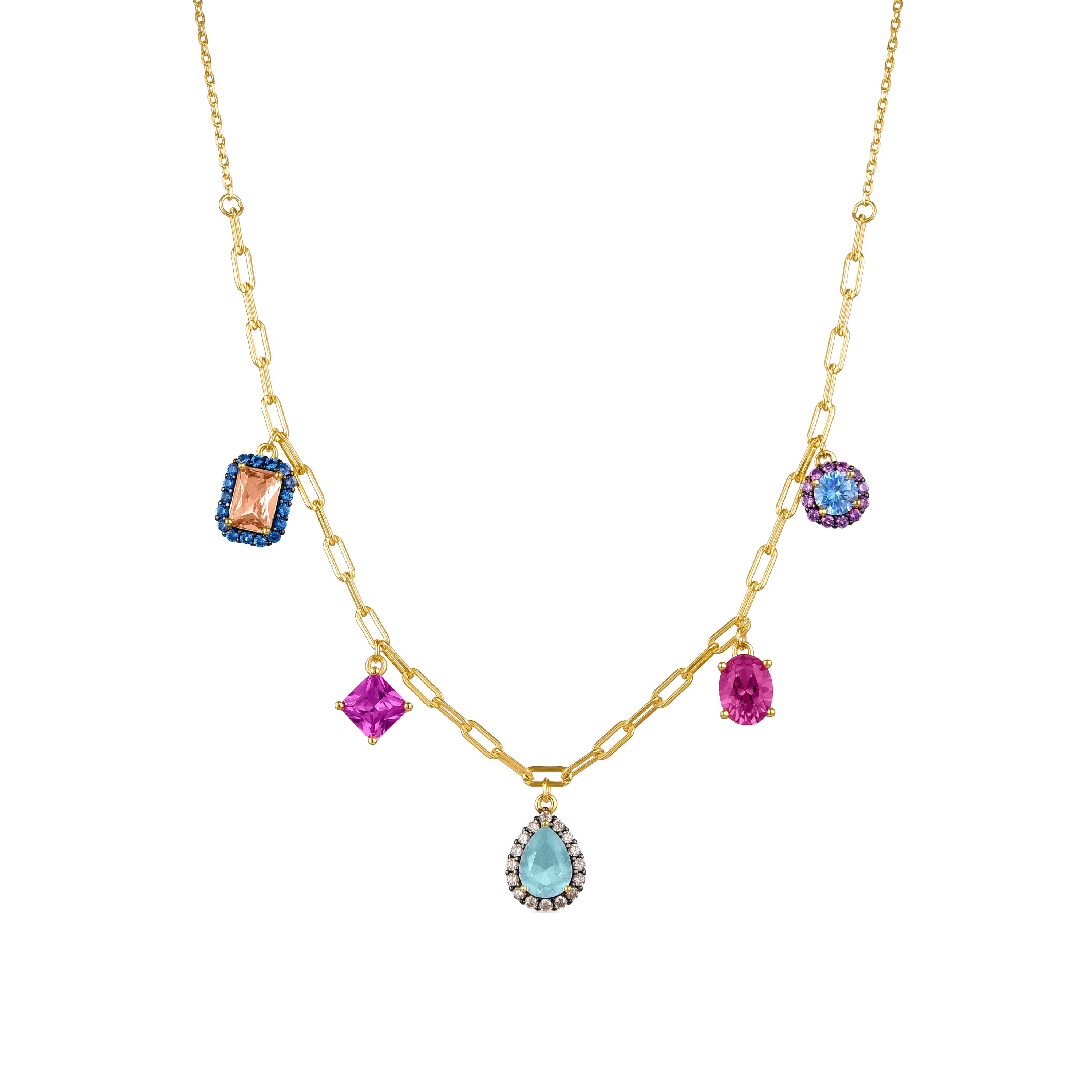 925 Sterling Silver Necklace with Multicolor Zirconia Finished in 18K Yellow Gold - Drokhi