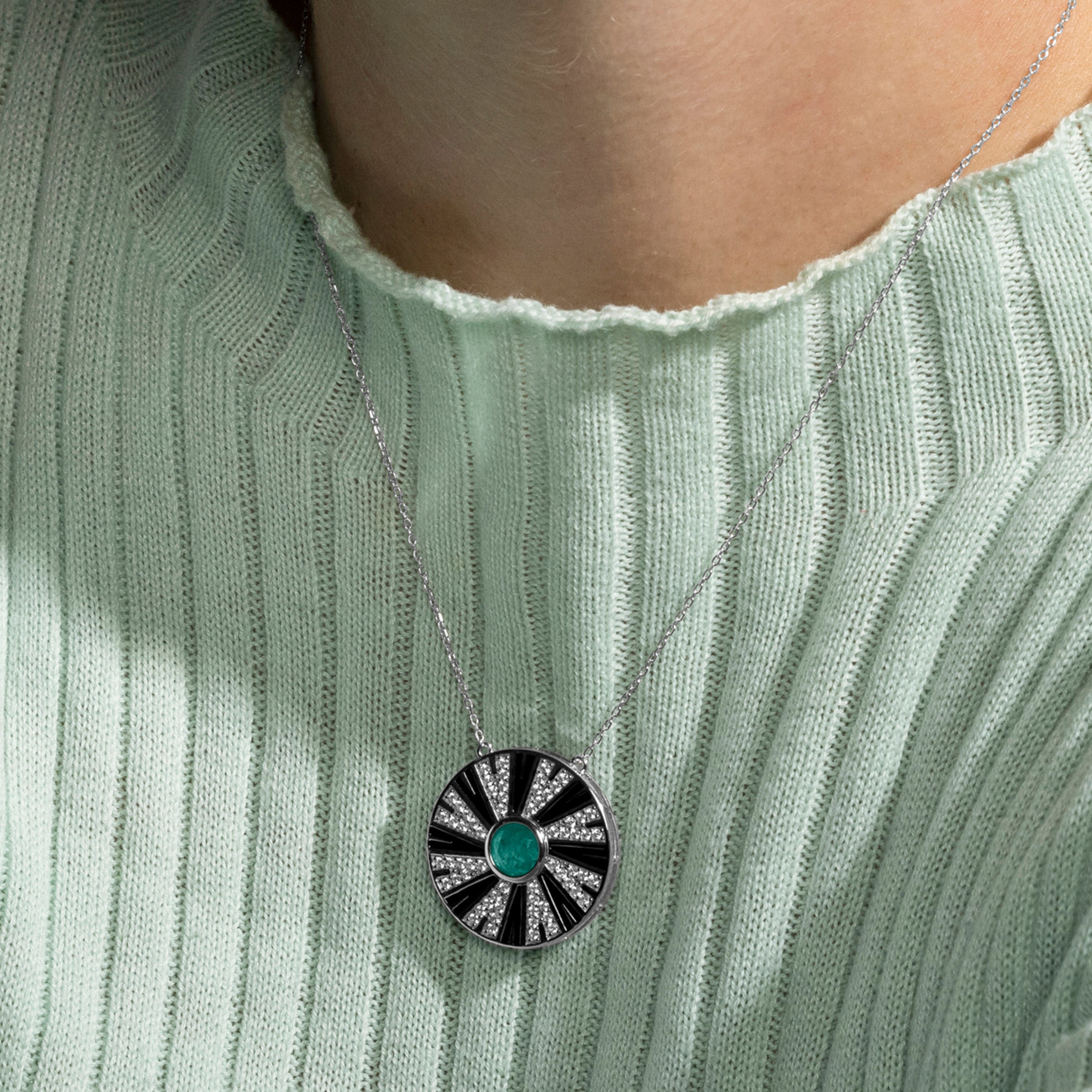 925 Sterling Silver and Black Lacquer Necklace with Rhodium Finish - Hiko