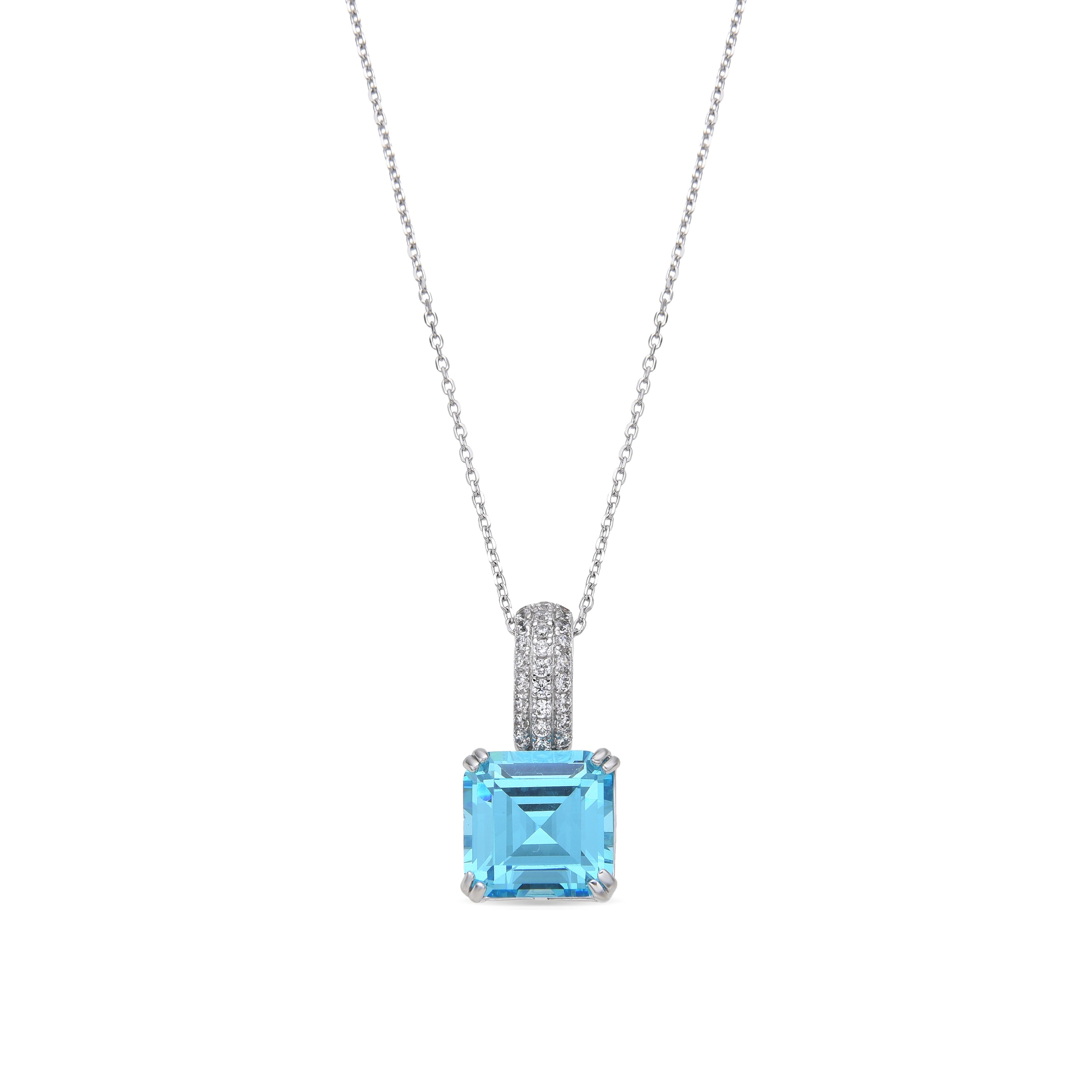 925 Sterling Silver and Aquamarine Zirconia Necklace with Rhodium Finish - Balcay