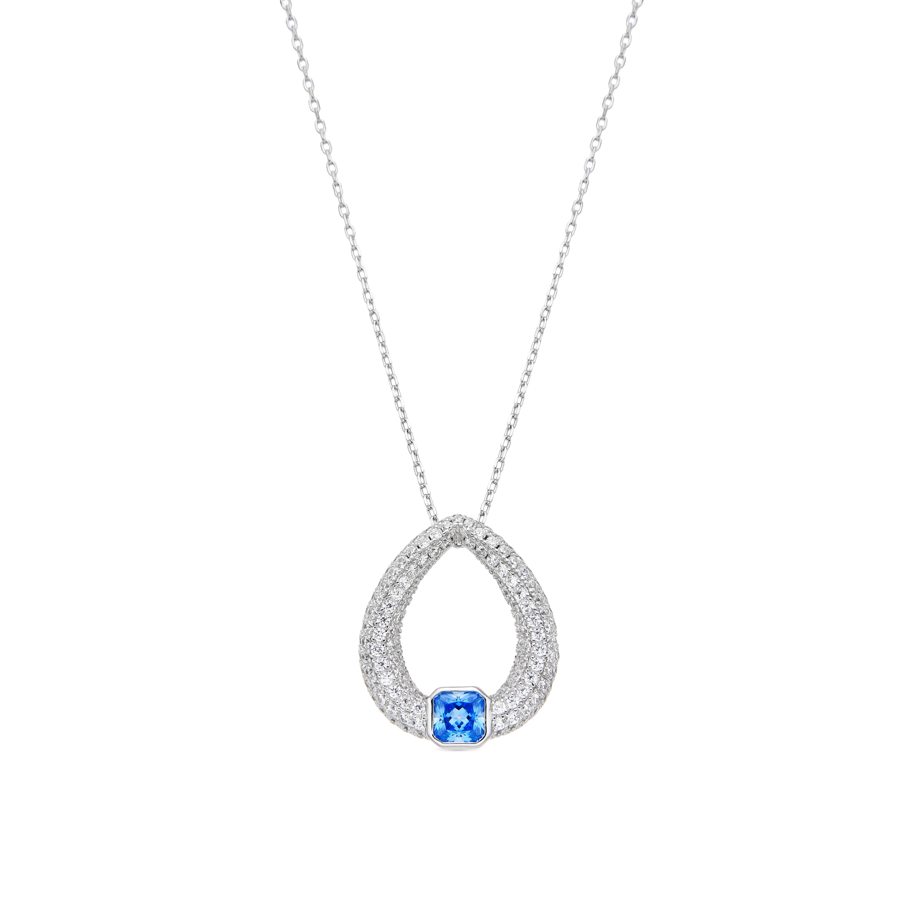925 Sterling Silver and Aquamarine Zirconia Necklace with Rhodium Finish - Uzi