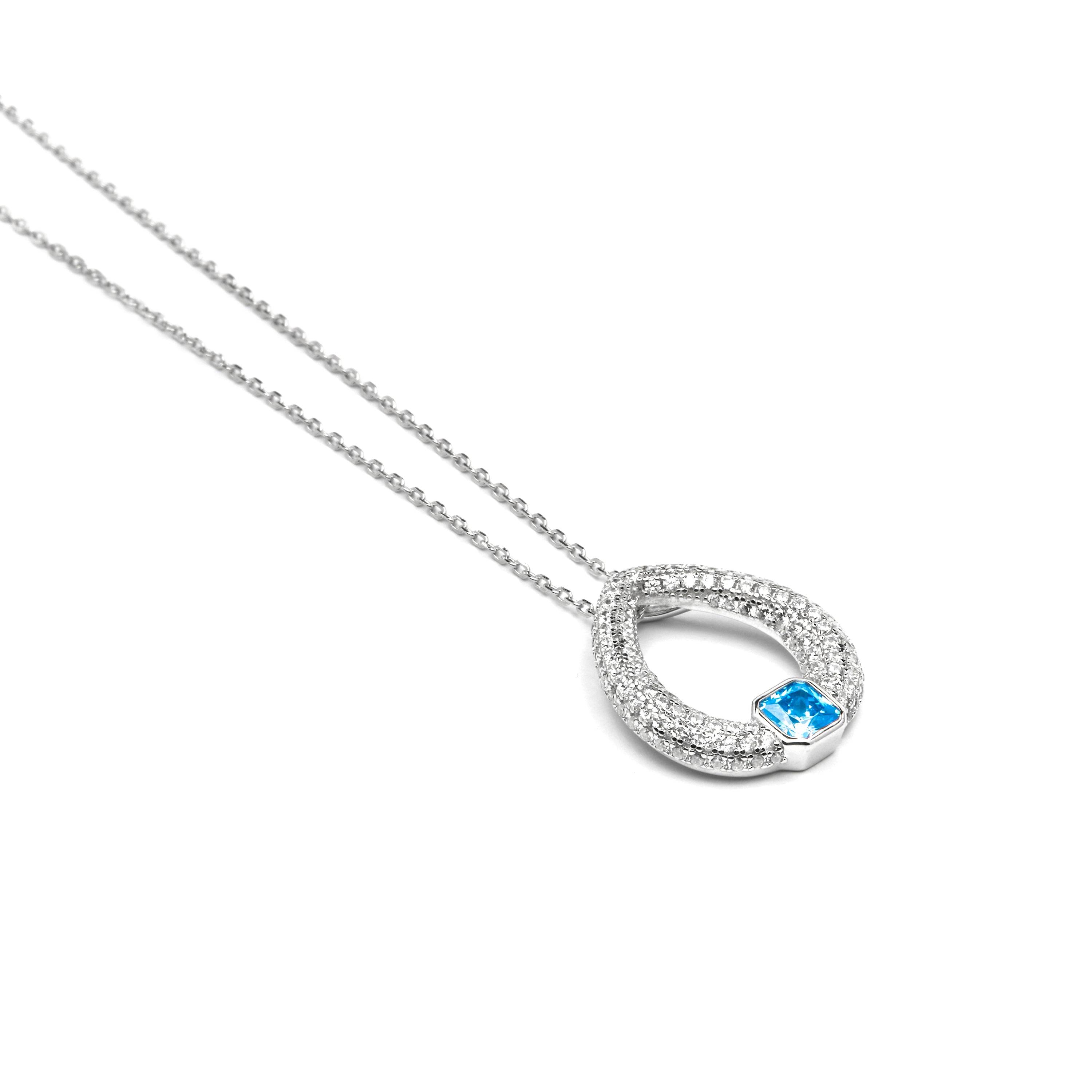 925 Sterling Silver and Aquamarine Zirconia Necklace with Rhodium Finish - Uzi