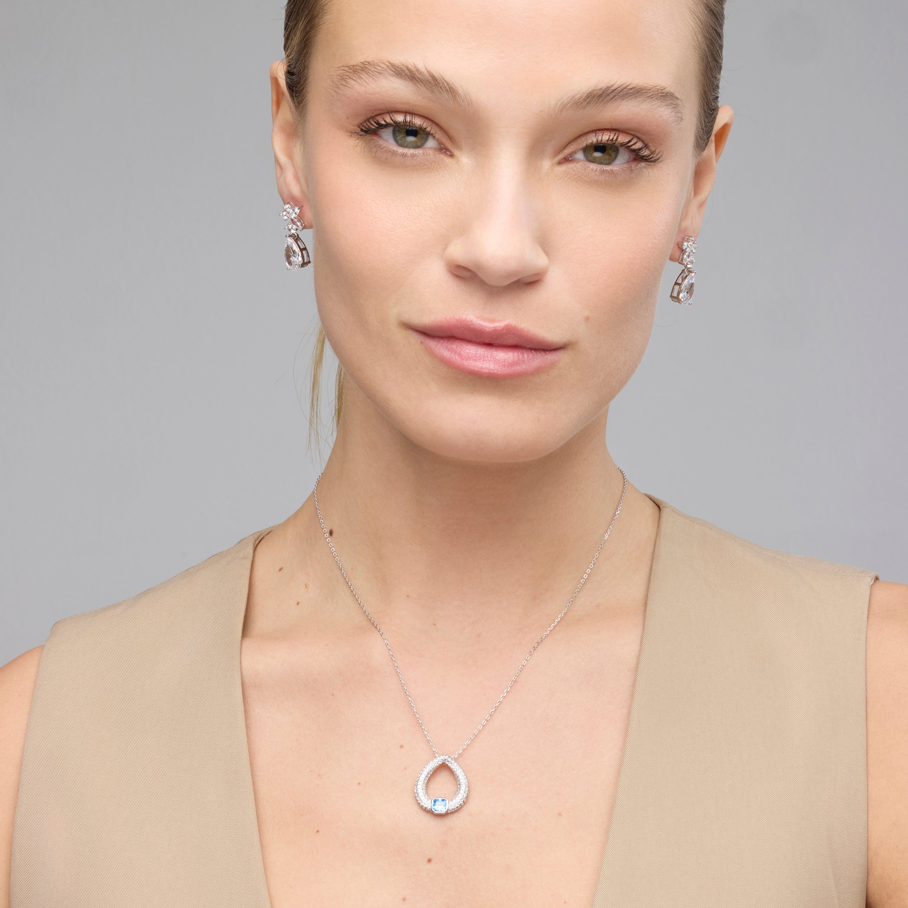 925 Sterling Silver and Aquamarine Zirconia Necklace with Rhodium Finish - Uzi