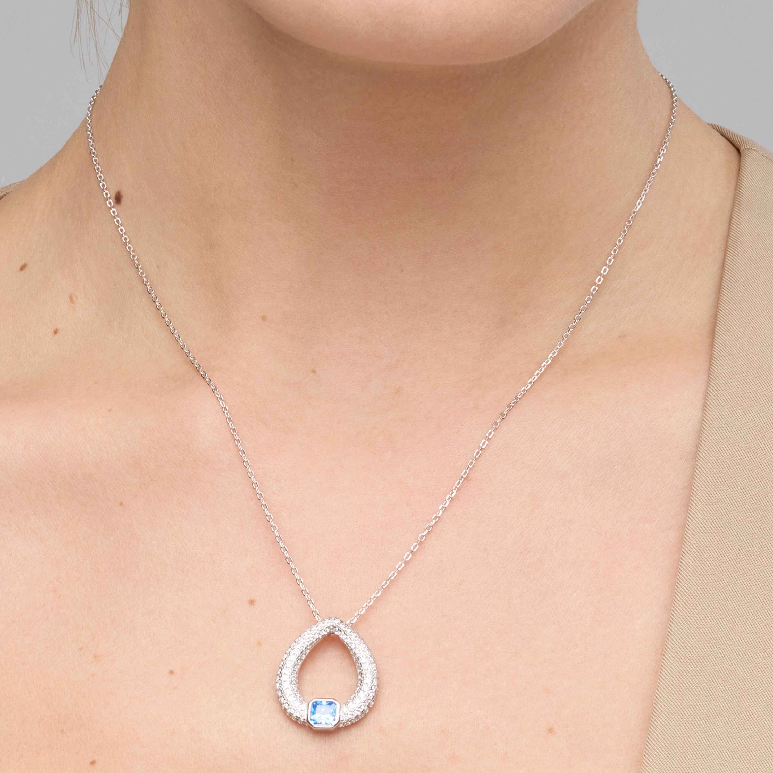 925 Sterling Silver and Aquamarine Zirconia Necklace with Rhodium Finish - Uzi