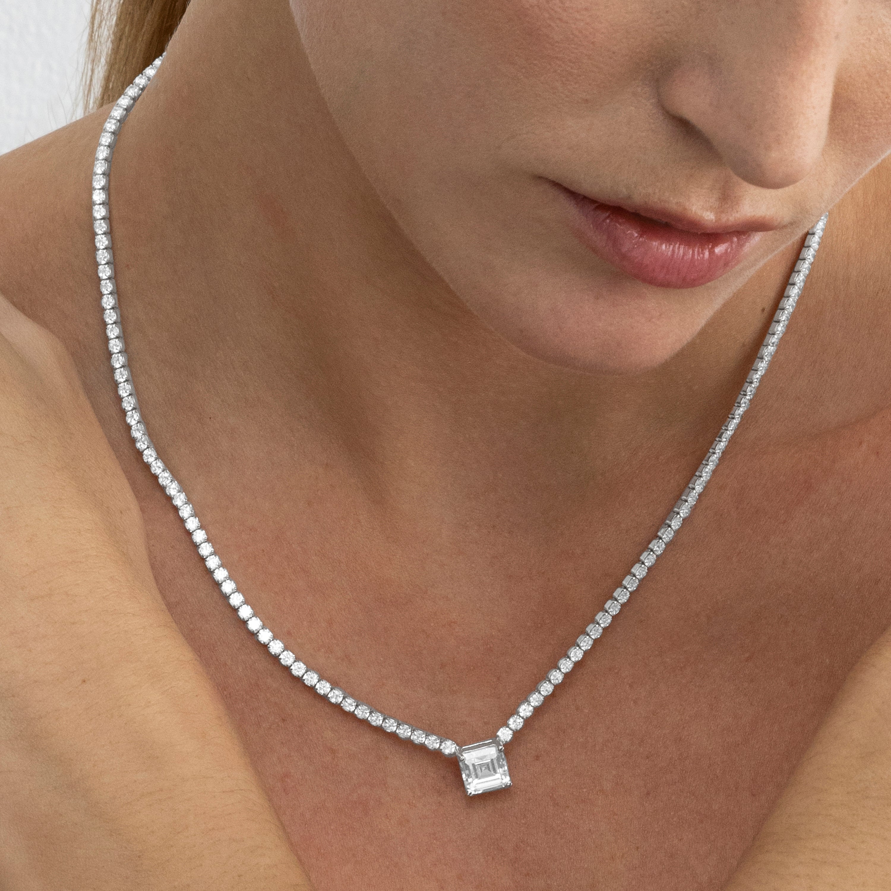 925 Sterling Silver and Brilliant Zirconia Necklace with Rhodium Finish - Trabel