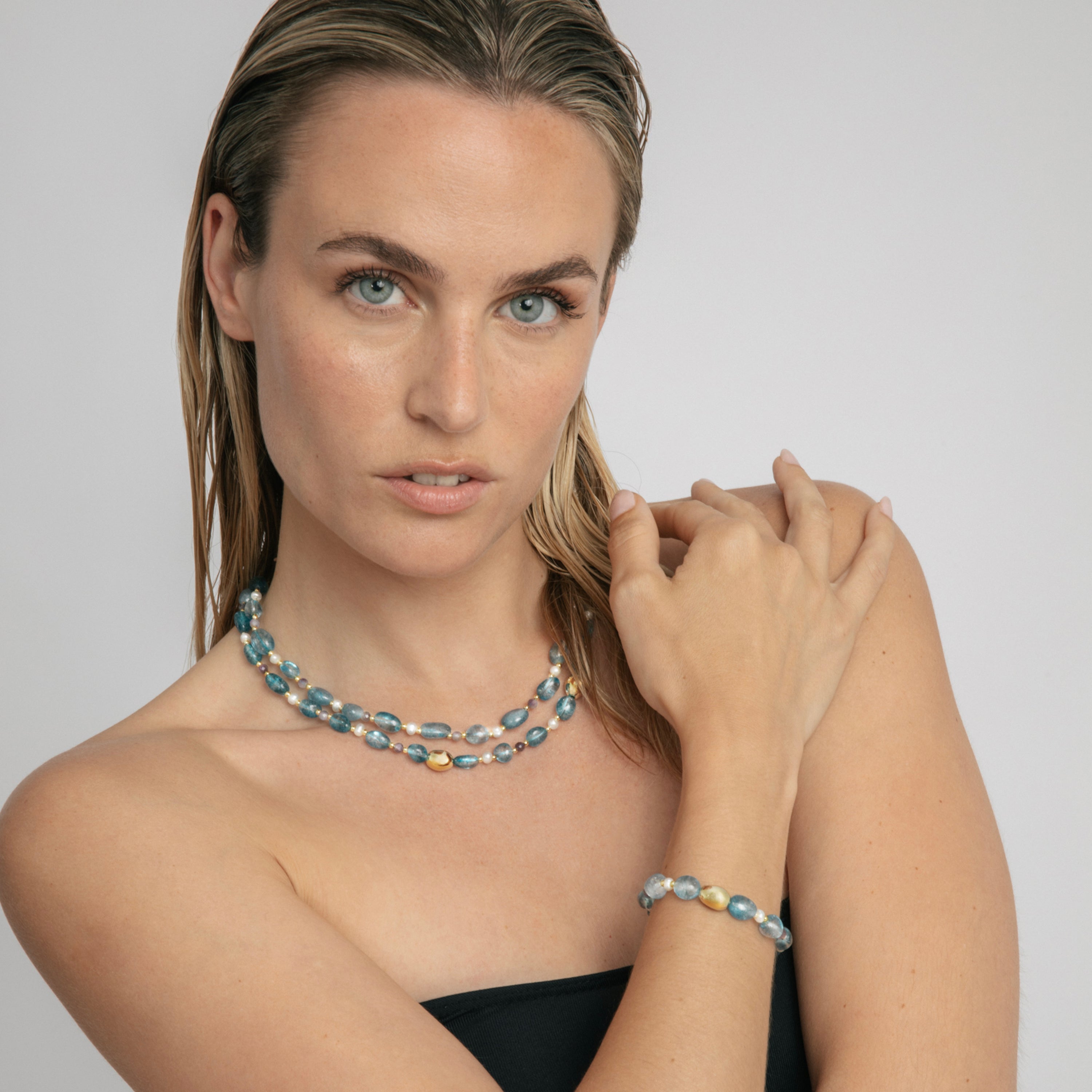 925 Sterling Silver and Blue Crystal Necklace with 18k Yellow Gold Finish - Aswudi