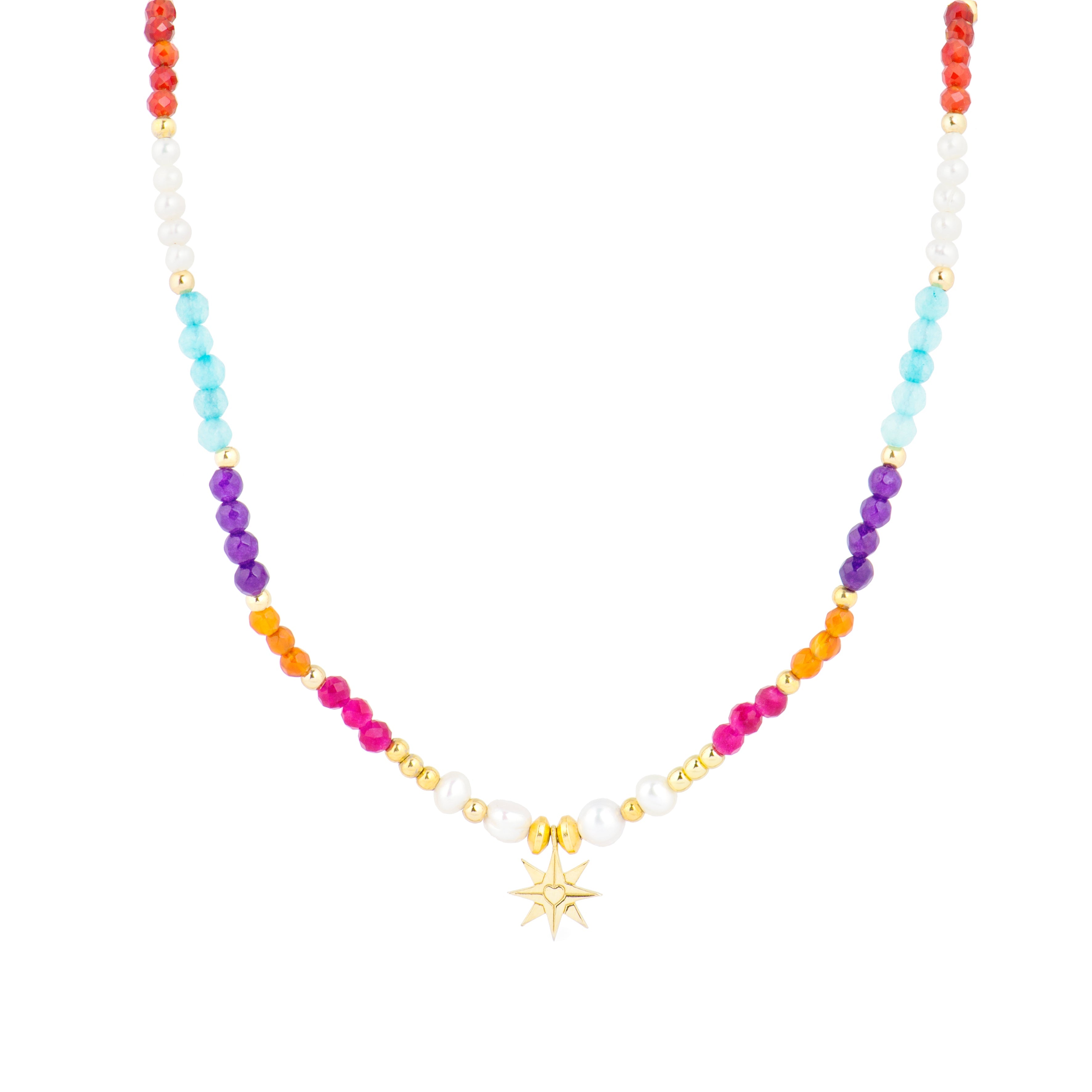 925 Sterling Silver Necklace with Multicolor Crystals Finished in 18K Yellow Gold - Shasha