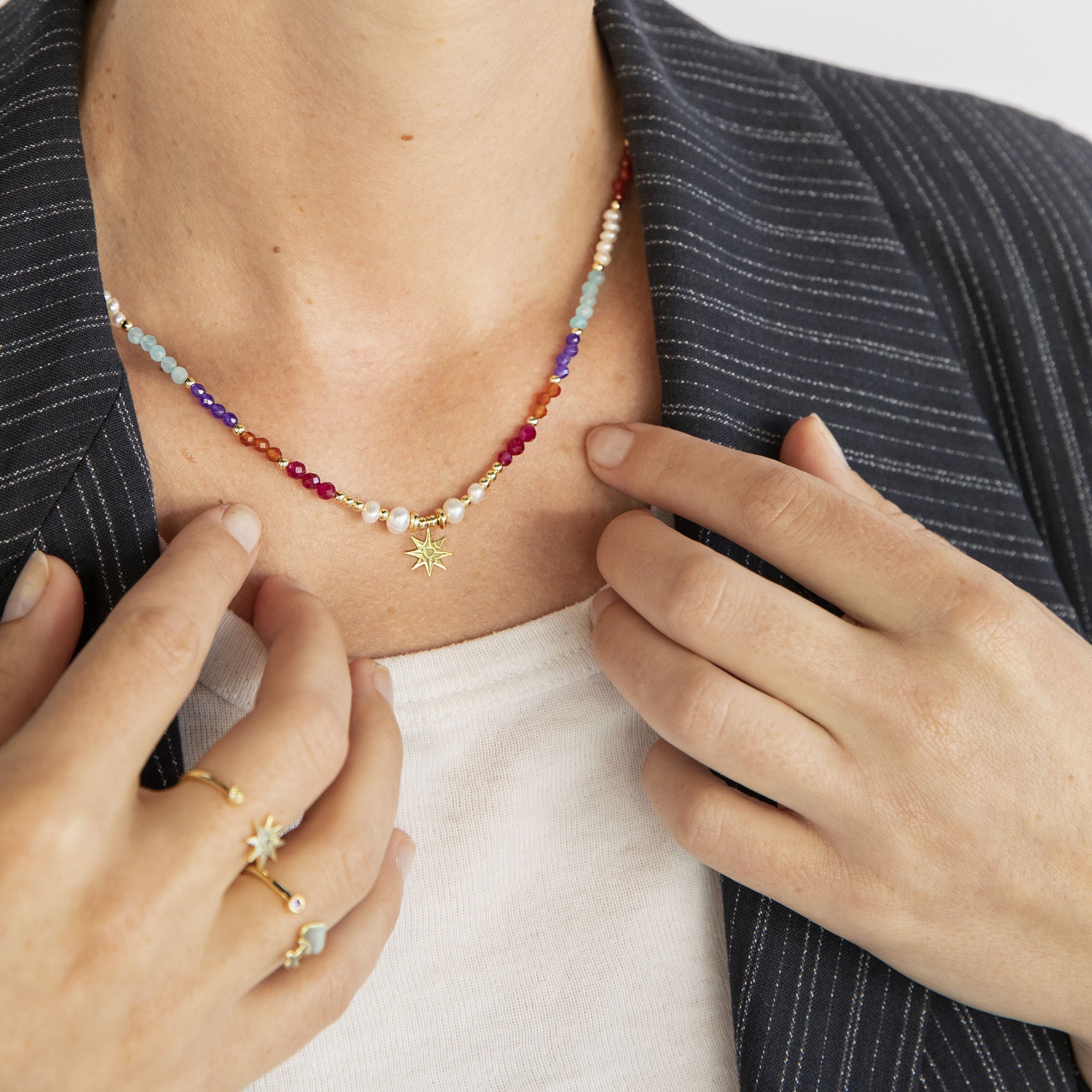 925 Sterling Silver Necklace with Multicolor Crystals Finished in 18K Yellow Gold - Shasha