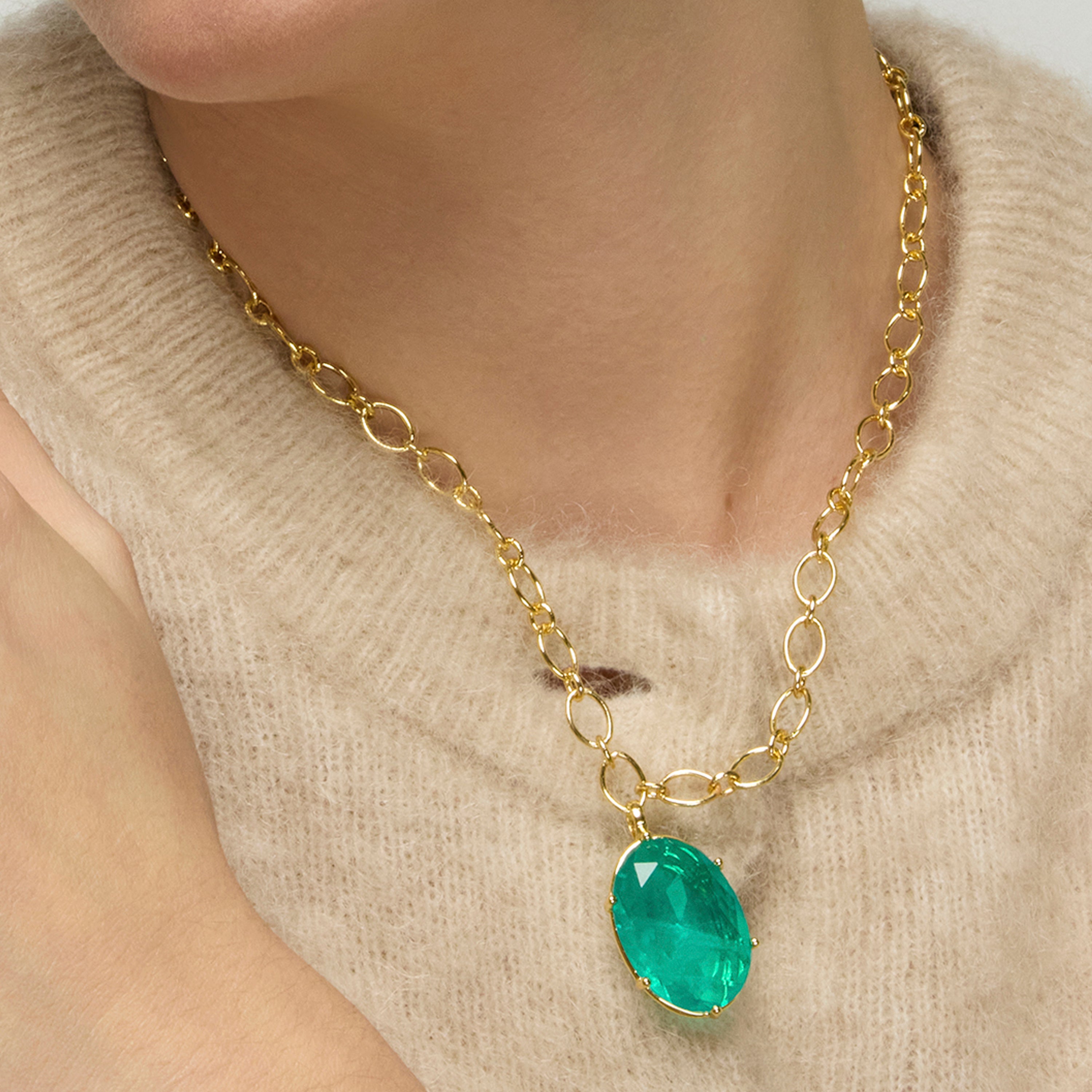 925 Sterling Silver and Green Zirconia Necklace, 18k Yellow Gold Finish - Jadir