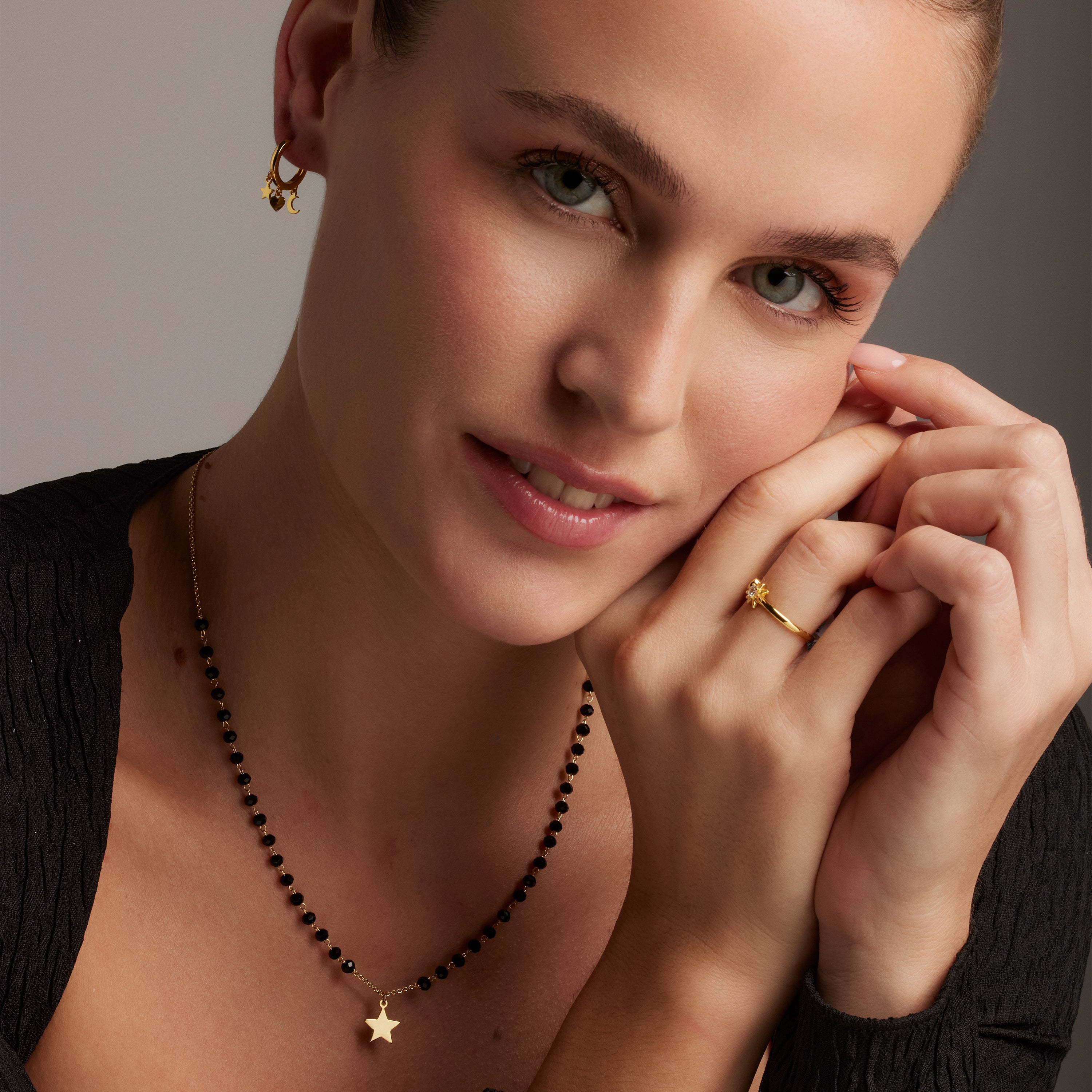925 Sterling Silver Necklace with Black Crystal finished in 18K Yellow Gold - Mileu
