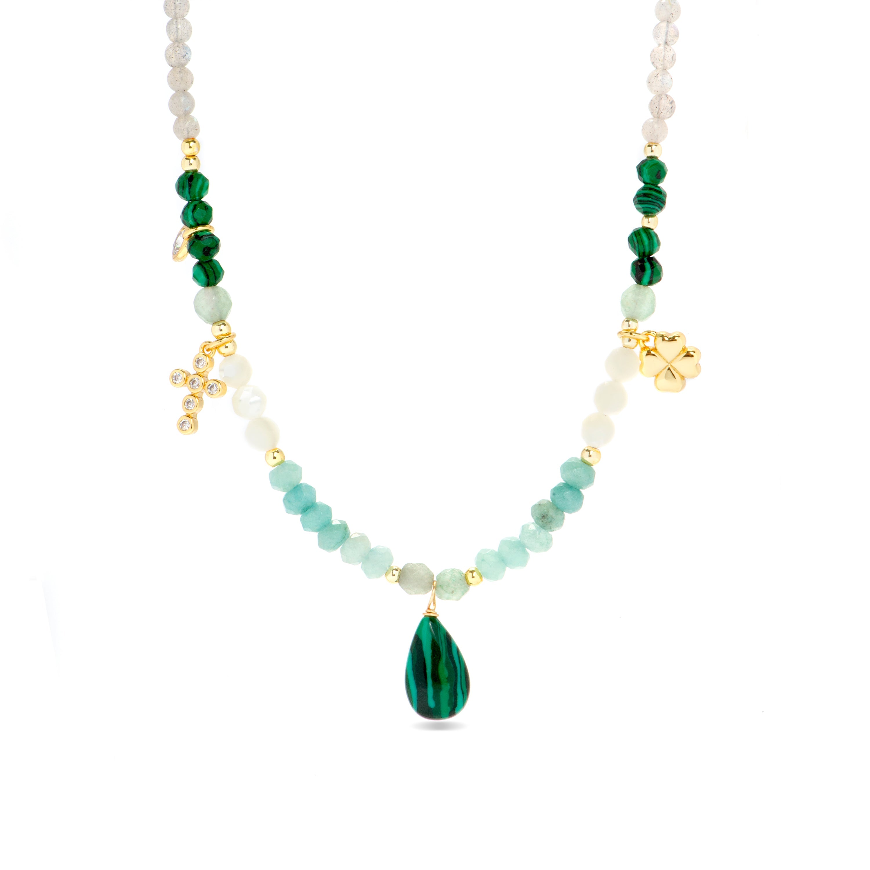 925 Sterling Silver Necklace with Malachite Finished in 18K Yellow Gold - Miya