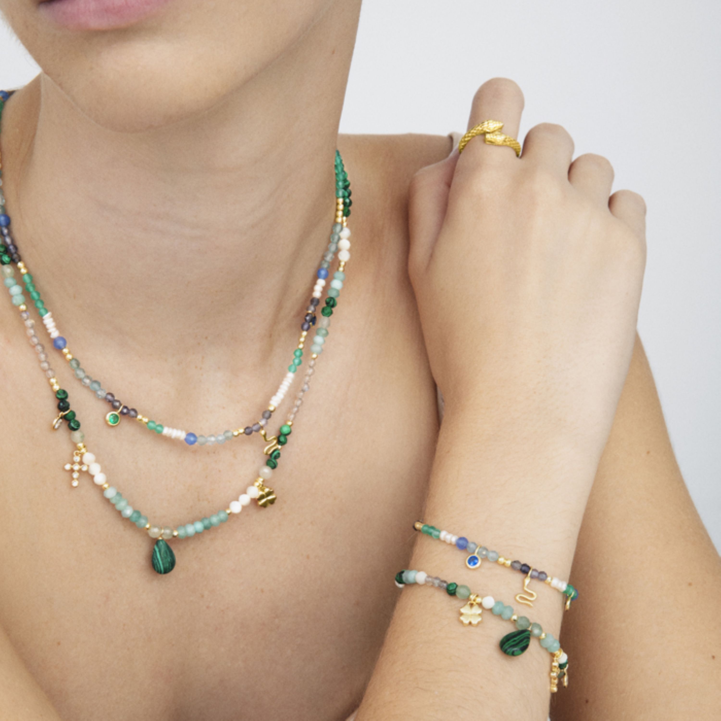 925 Sterling Silver Necklace with Malachite Finished in 18K Yellow Gold - Miya
