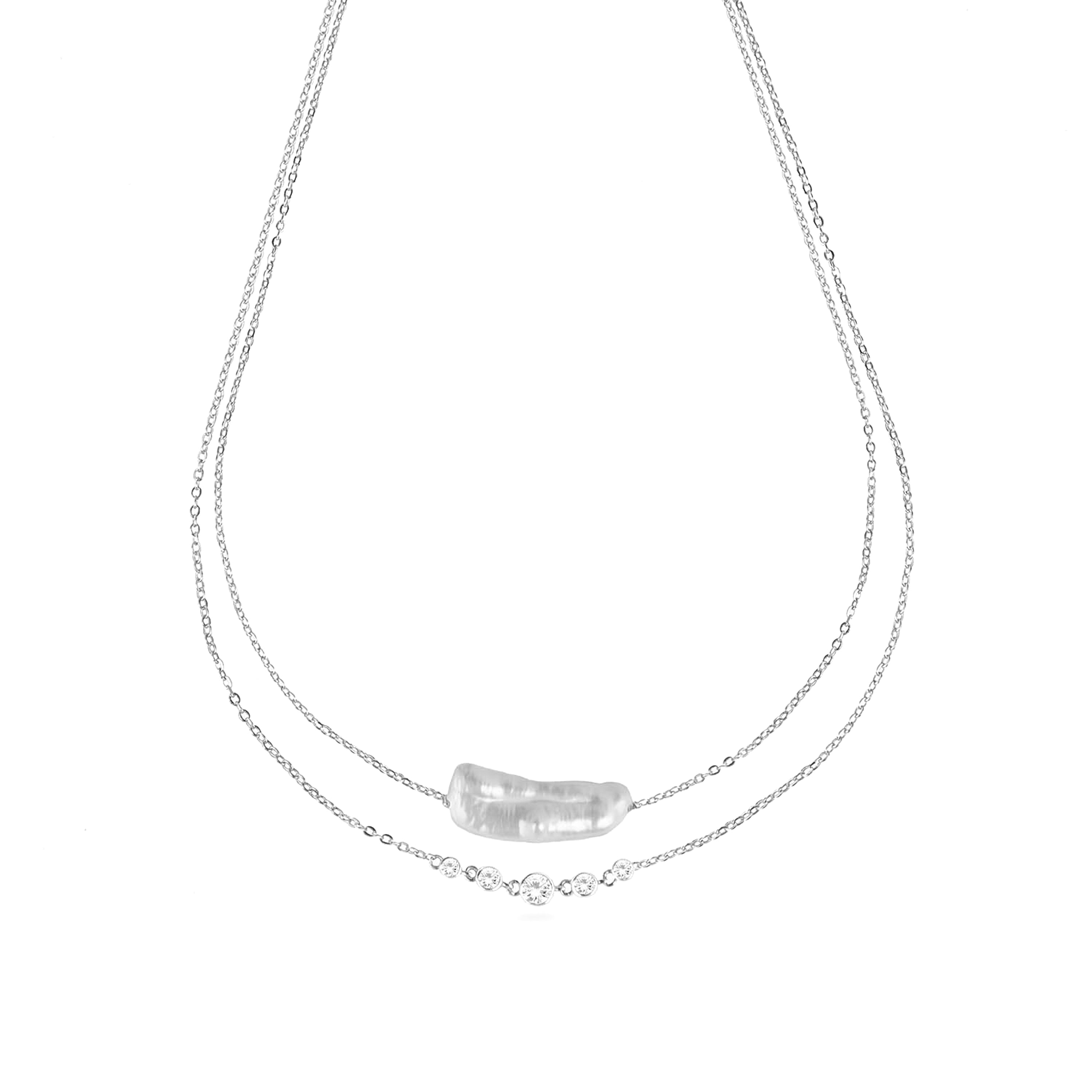 925 Sterling Silver and White Pearl Necklace with Rhodium Finish - Danysda