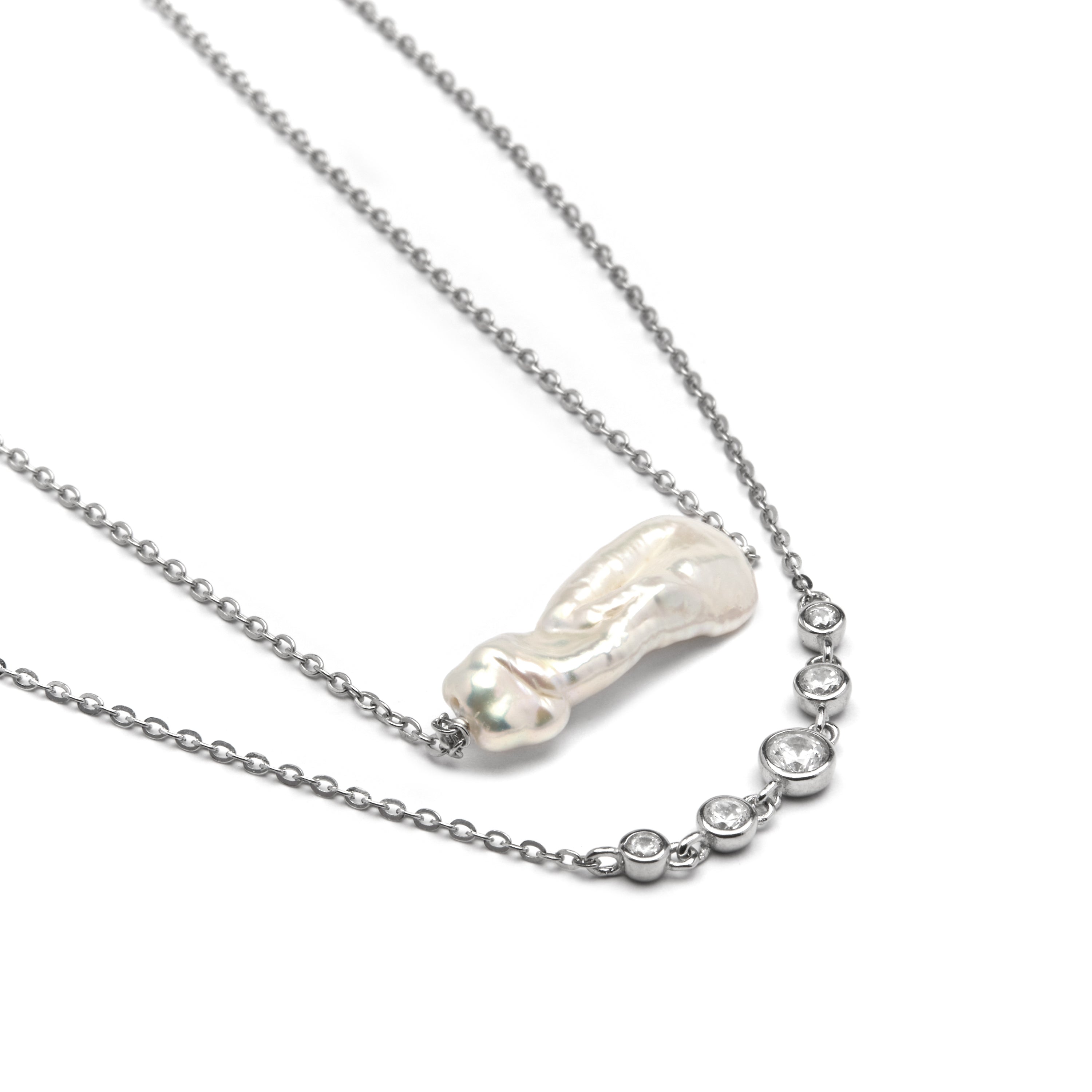 925 Sterling Silver and White Pearl Necklace with Rhodium Finish - Danysda