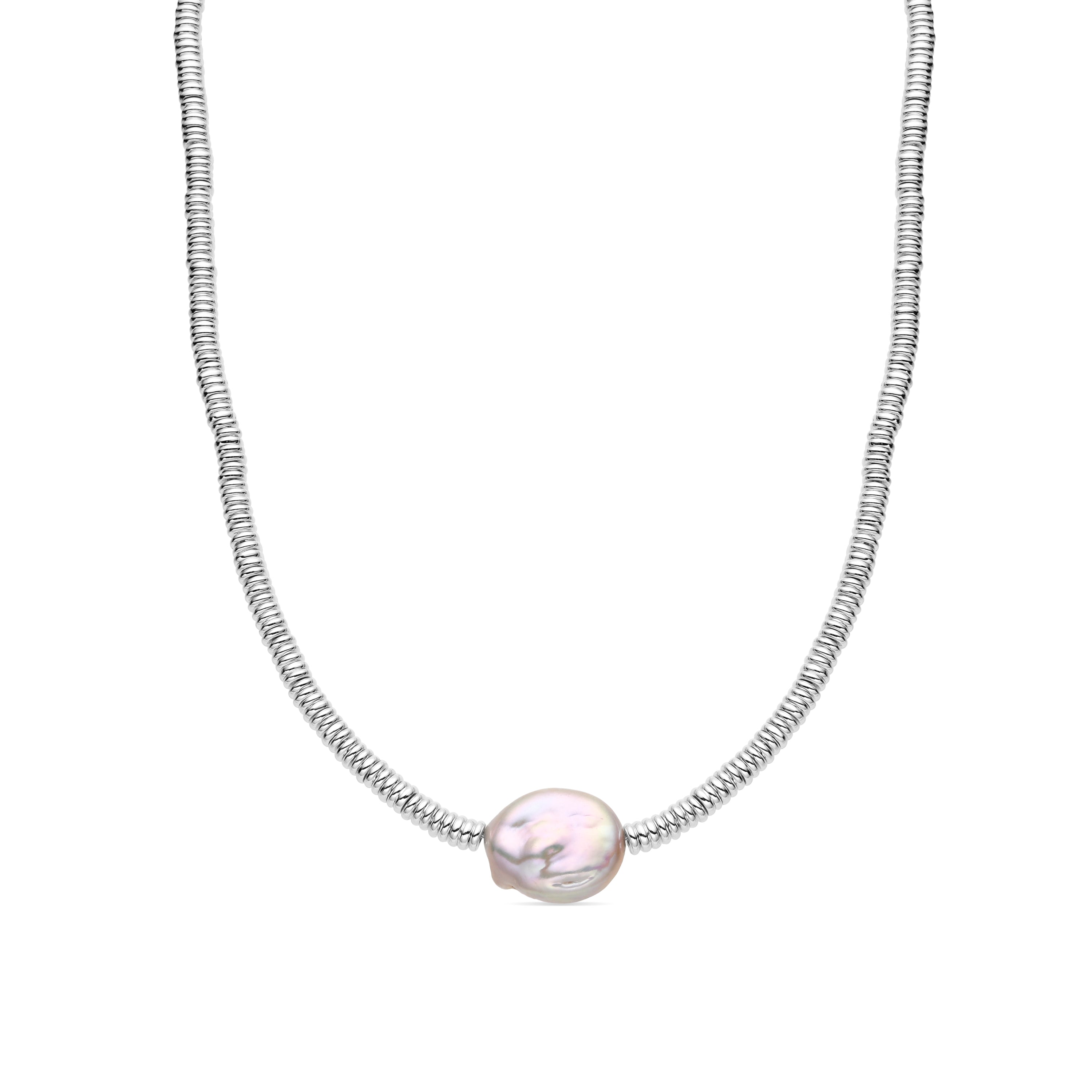 925 Sterling Silver and White Pearl Necklace with Rhodium Finish - Siever