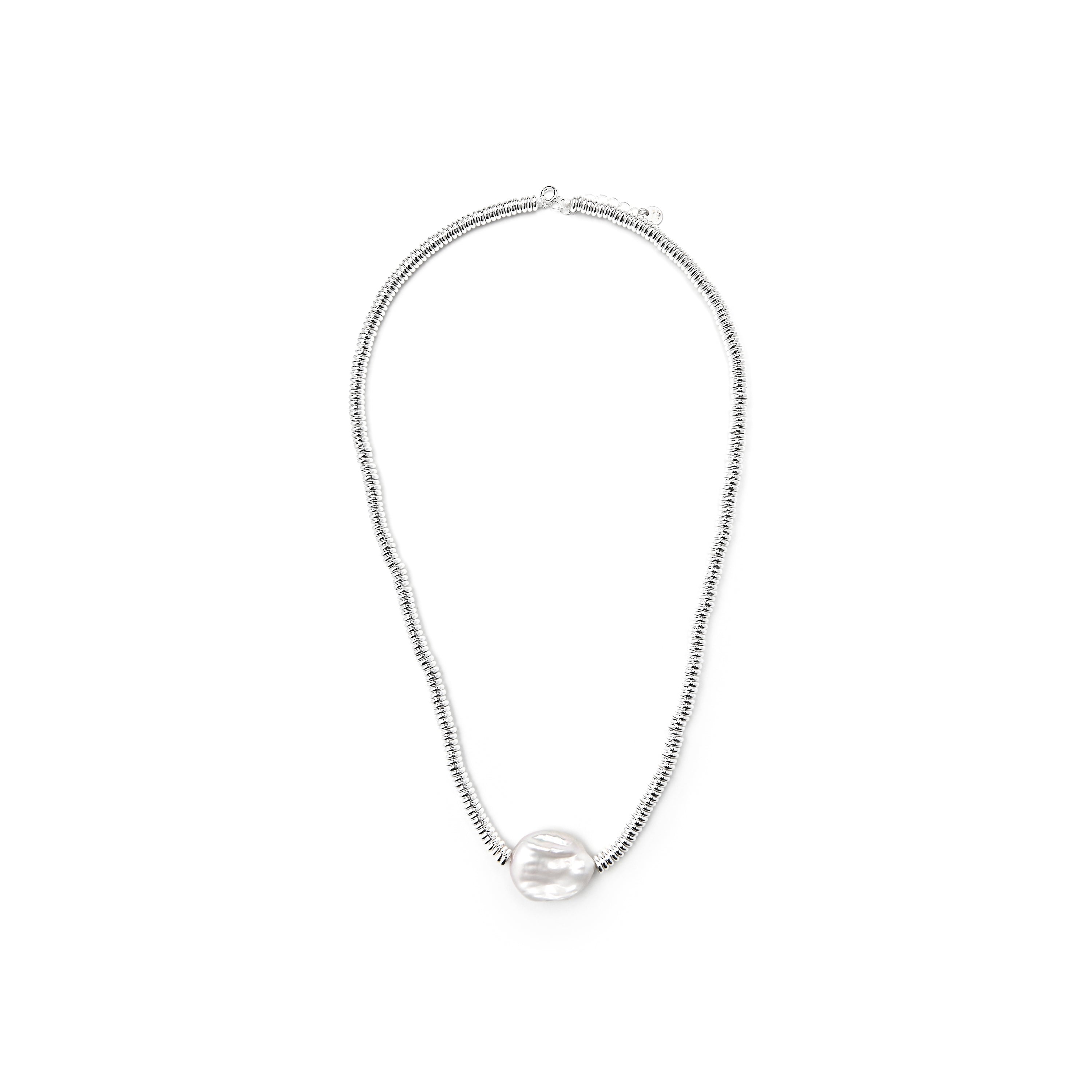 925 Sterling Silver and White Pearl Necklace with Rhodium Finish - Siever