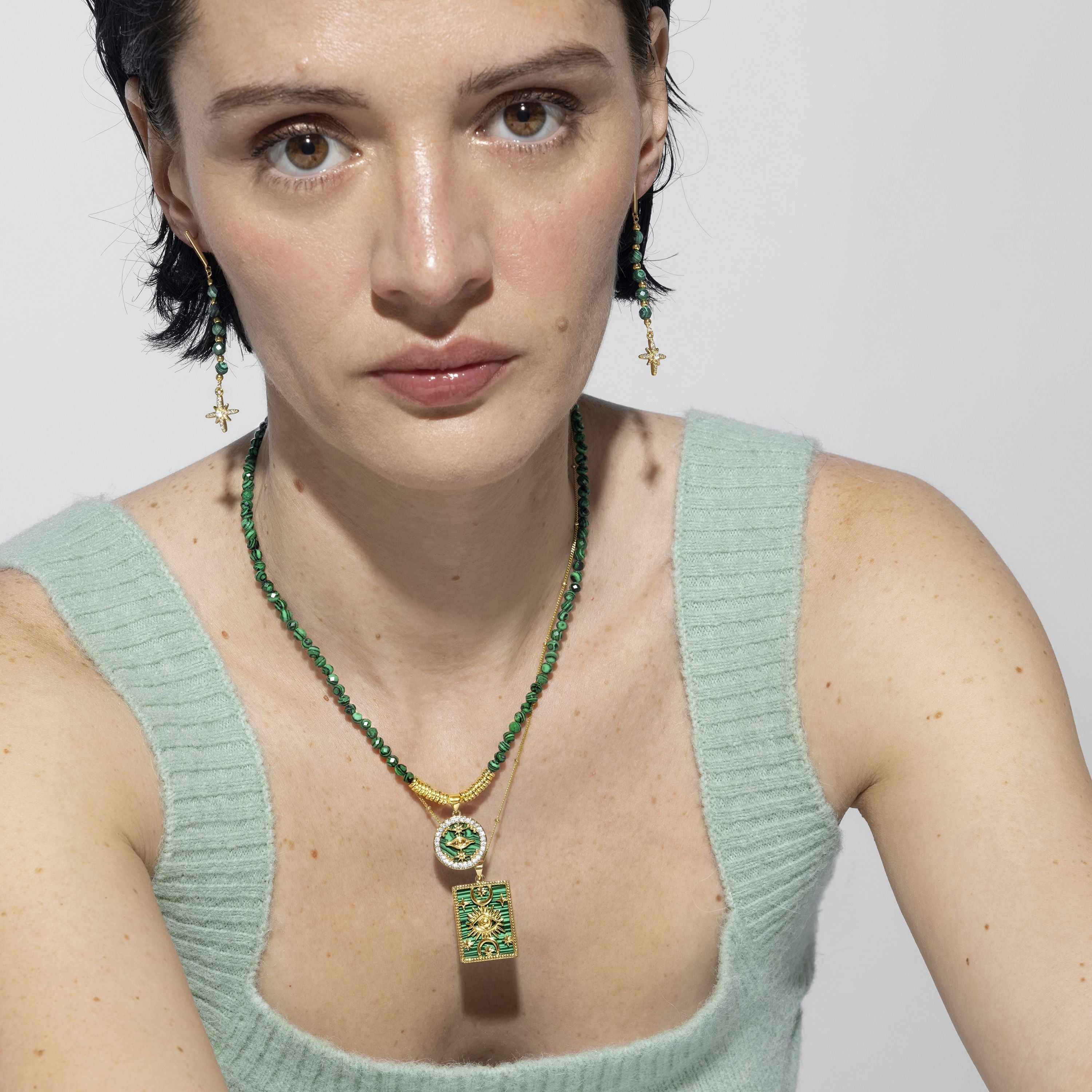 925 Sterling Silver Necklace with Malachite Finished in 18K Yellow Gold - Locare