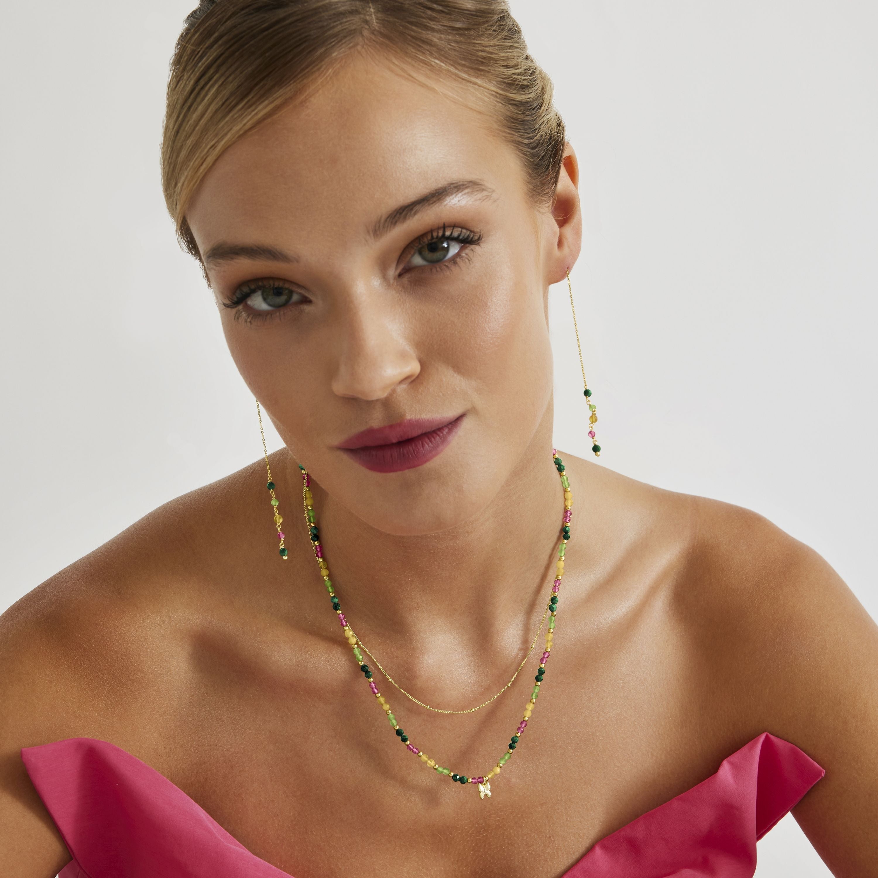 925 Sterling Silver Necklace with Green Crystal finished in 18K Yellow Gold - Butterfly