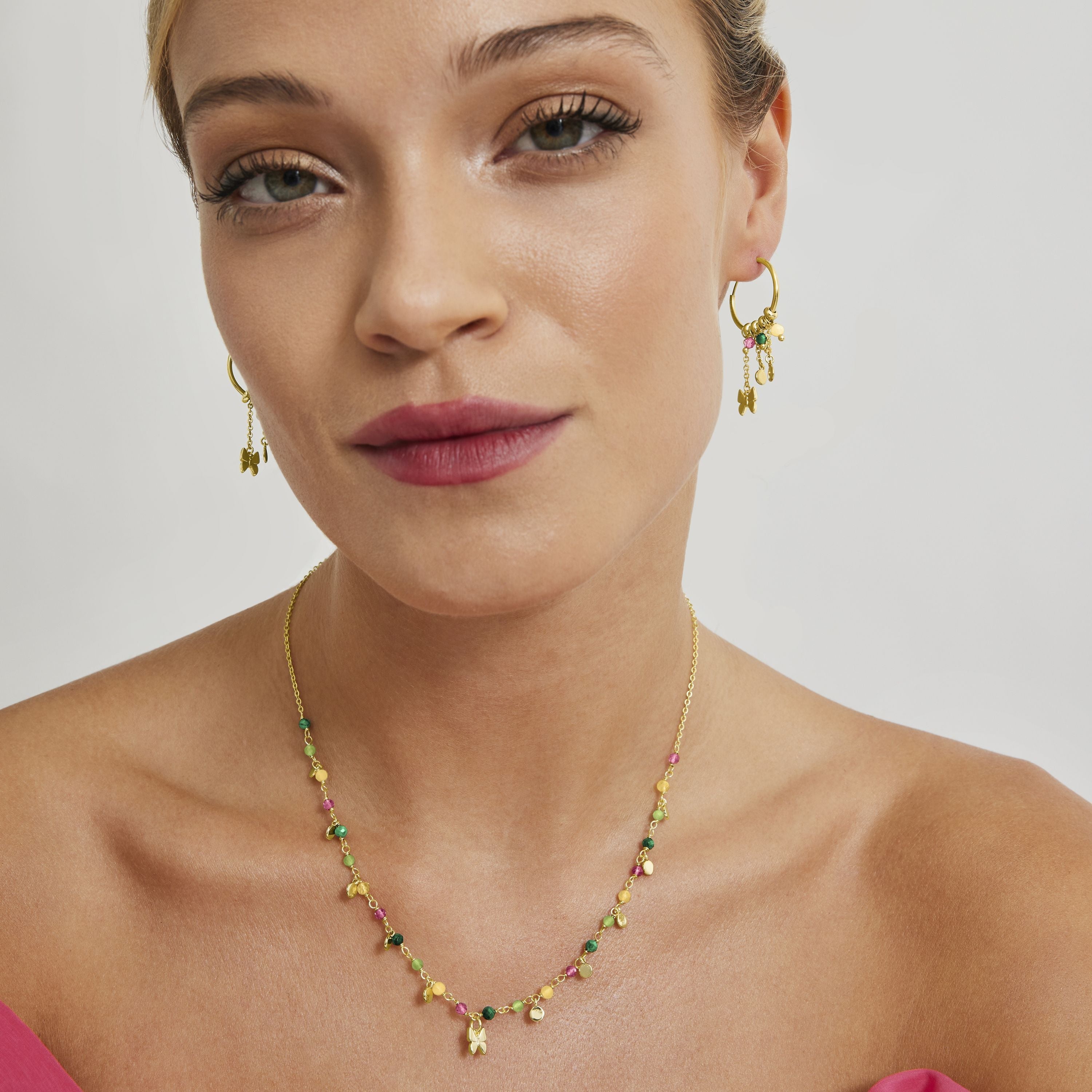 925 Sterling Silver Necklace with Green Crystal finished in 18K Yellow Gold - Butterfly