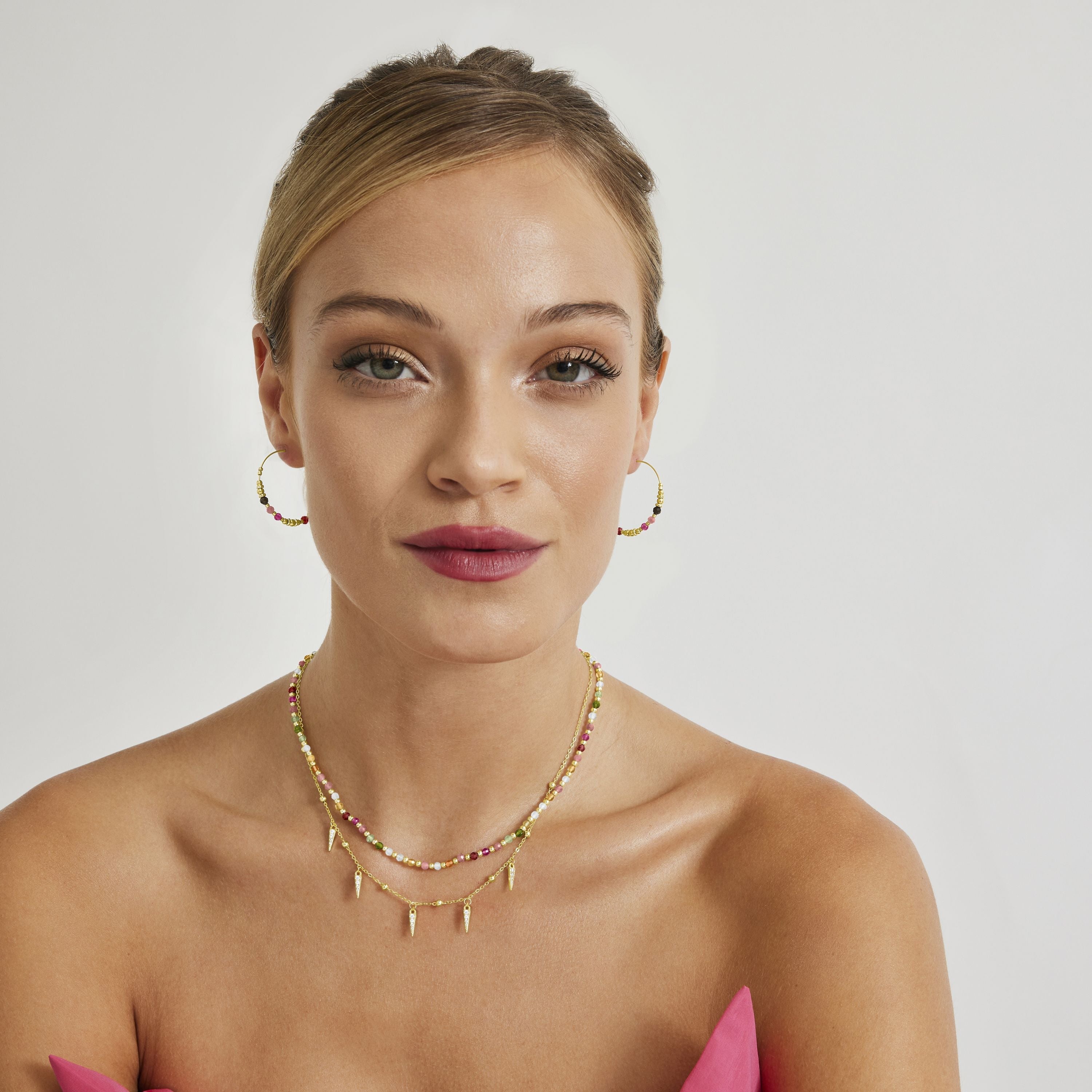 925 Sterling Silver Necklace with Multicolor Crystals Finished in 18K Yellow Gold - Dirrim