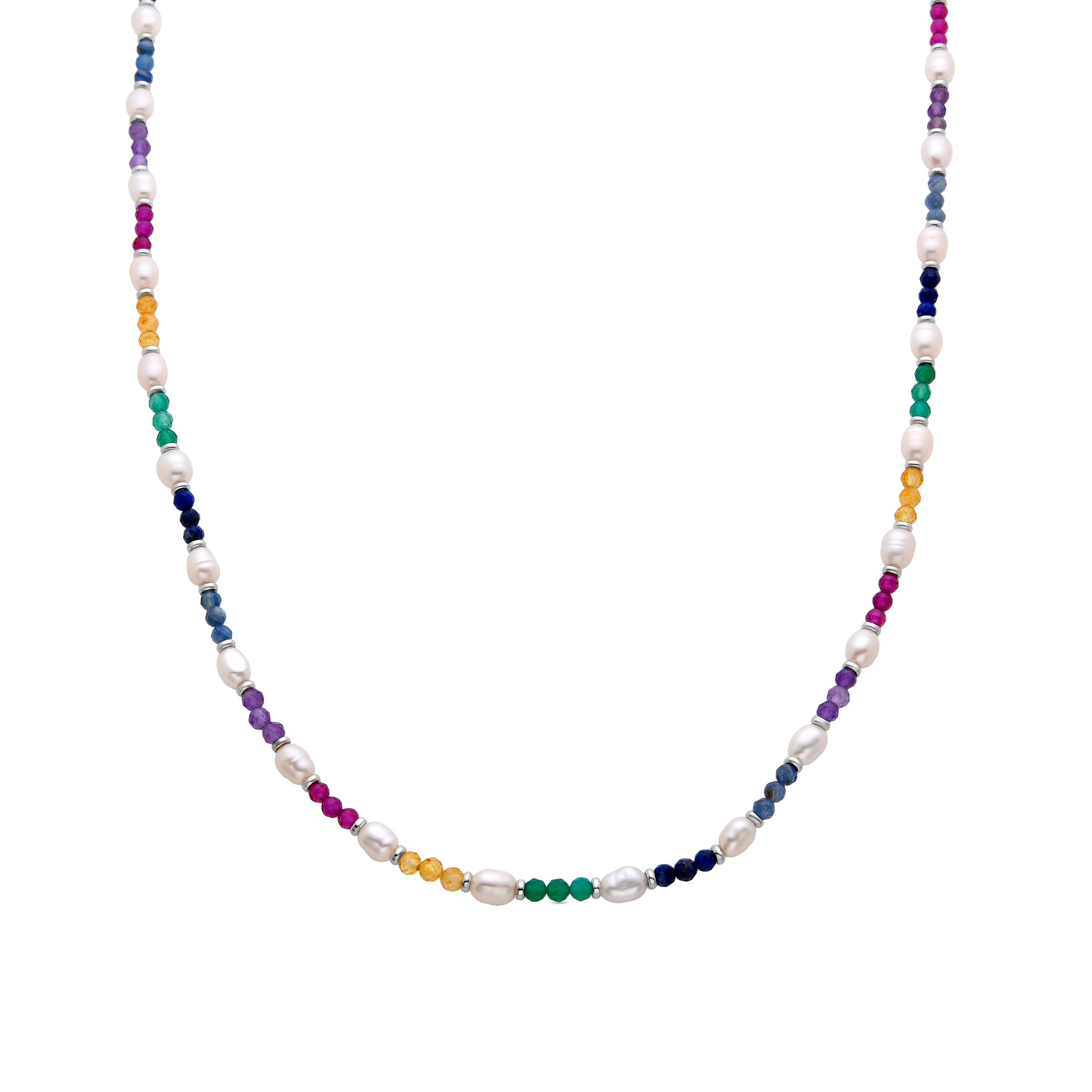 925 Sterling Silver Necklace with Multicolor Crystals in Rhodium Finish - Biroal