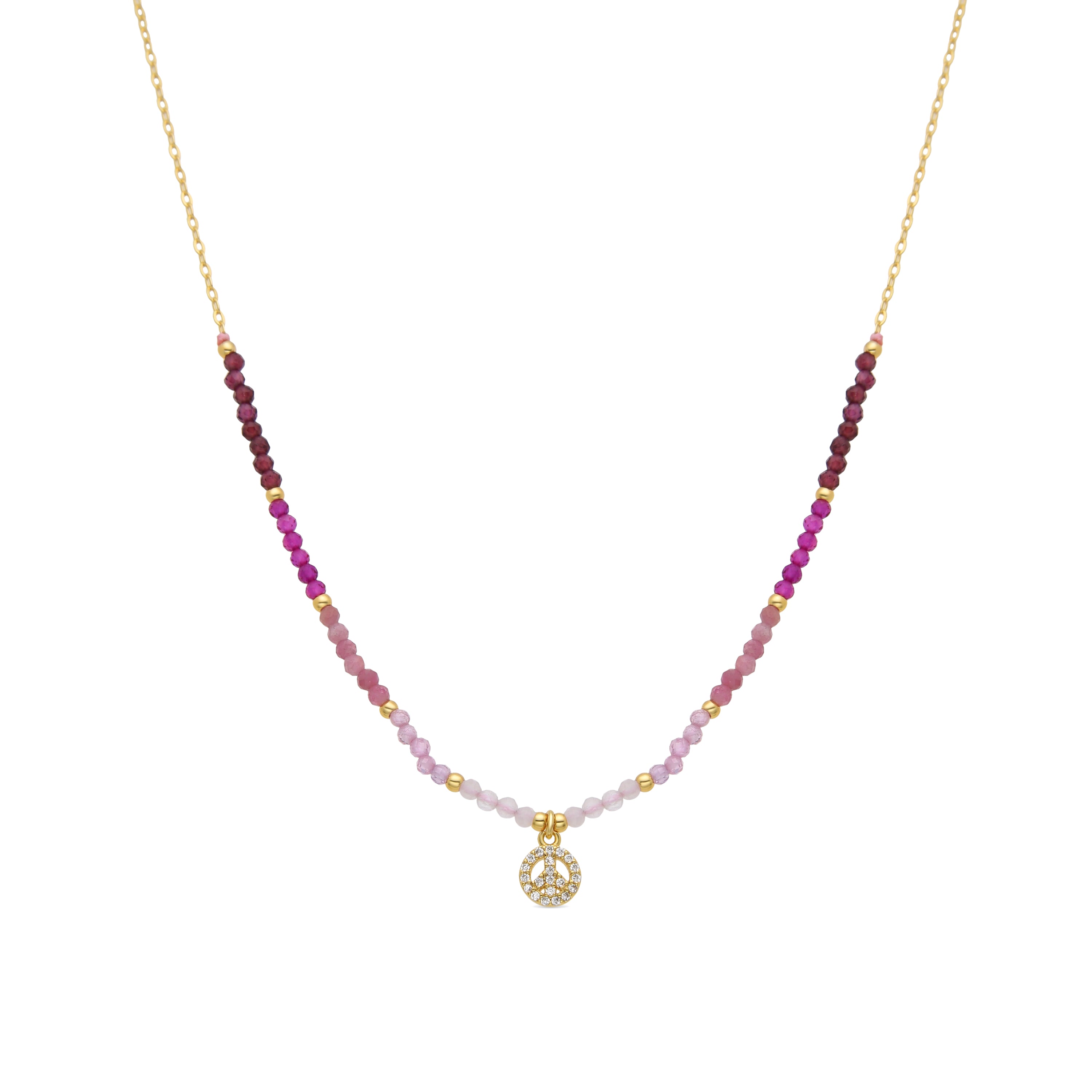925 Sterling Silver and Pink Crystal Necklace finished in 18k yellow gold - Peace