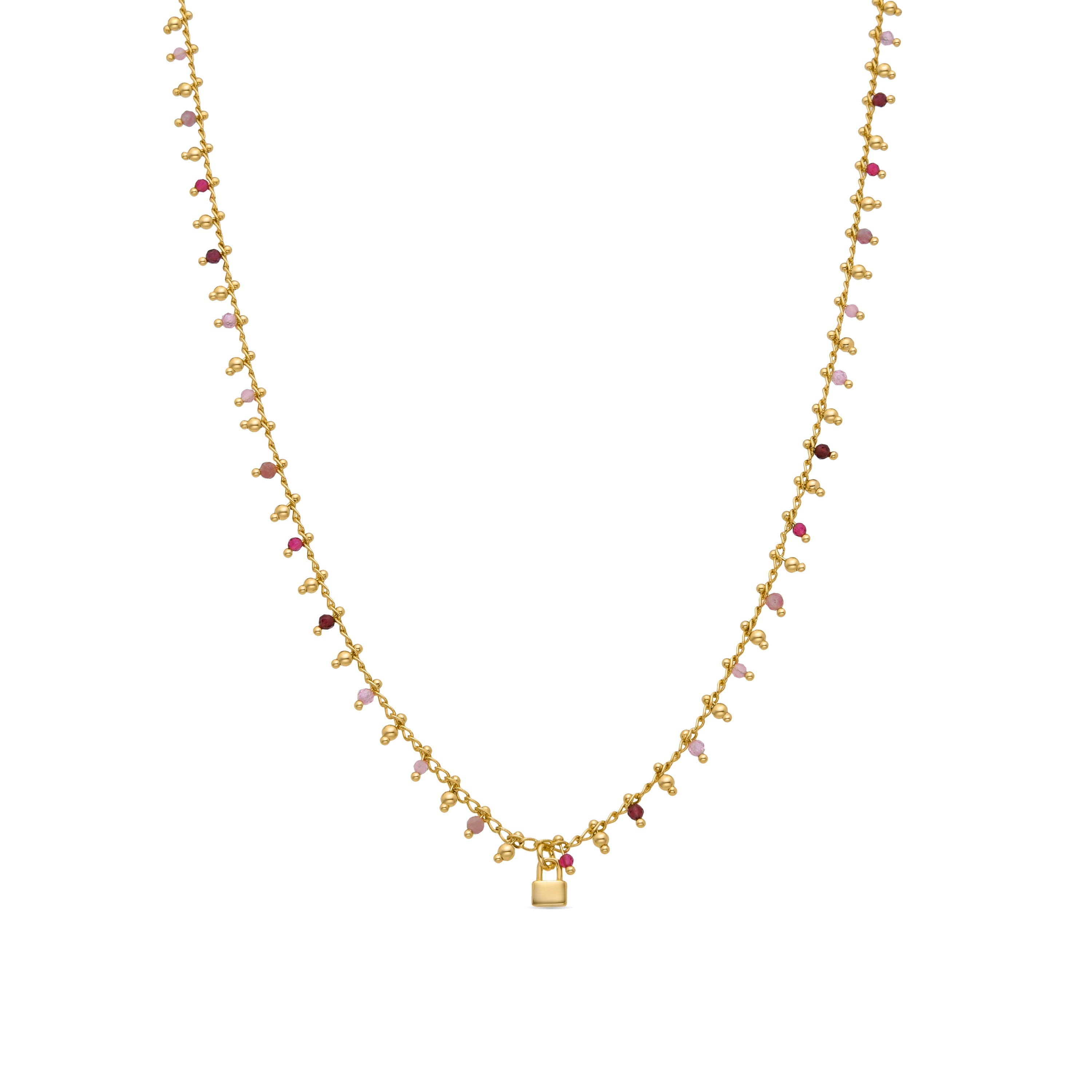 925 Sterling Silver and Pink Crystal Necklace finished in 18k yellow gold - Padlock