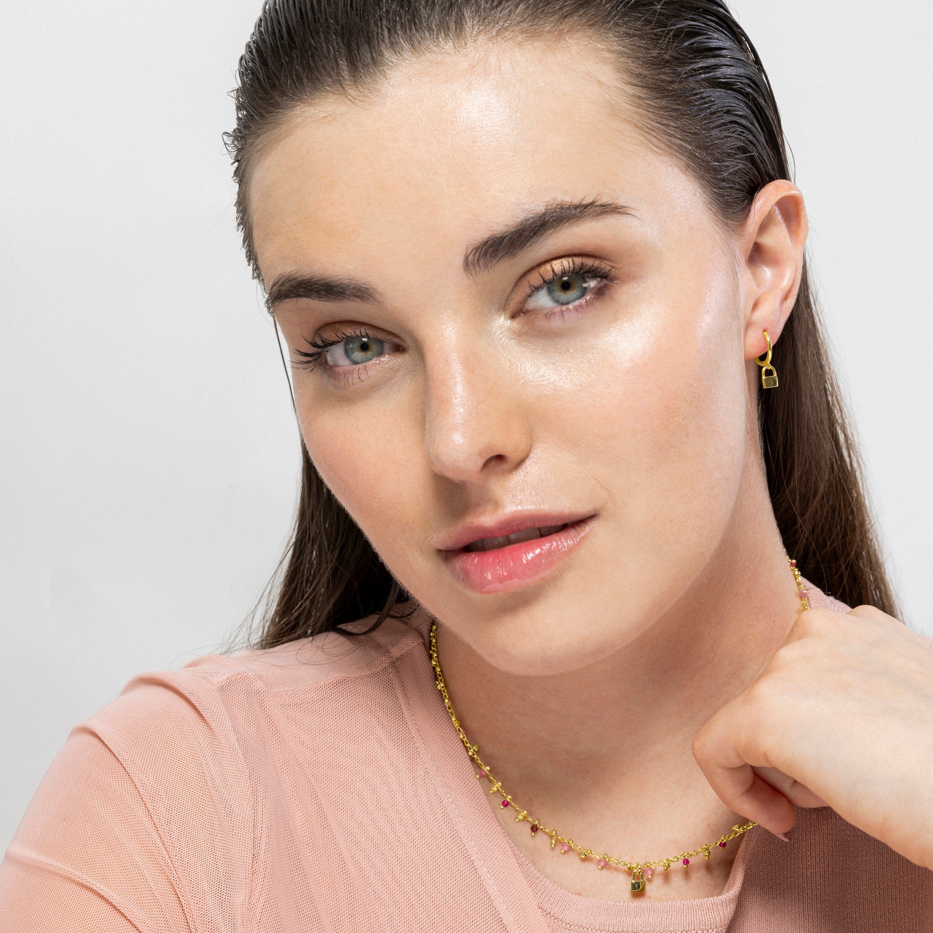 925 Sterling Silver and Pink Crystal Necklace finished in 18k yellow gold - Padlock