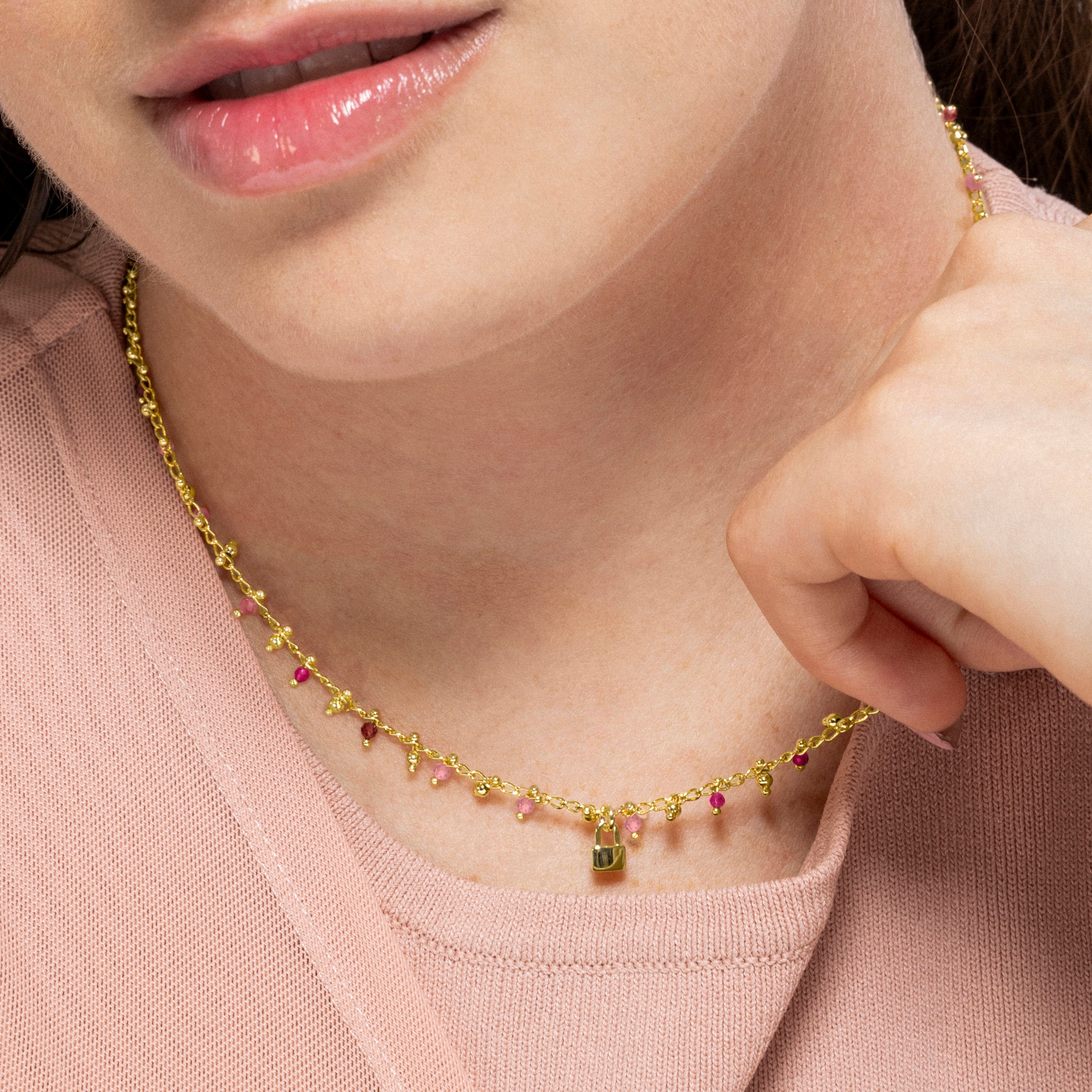 925 Sterling Silver and Pink Crystal Necklace finished in 18k yellow gold - Padlock
