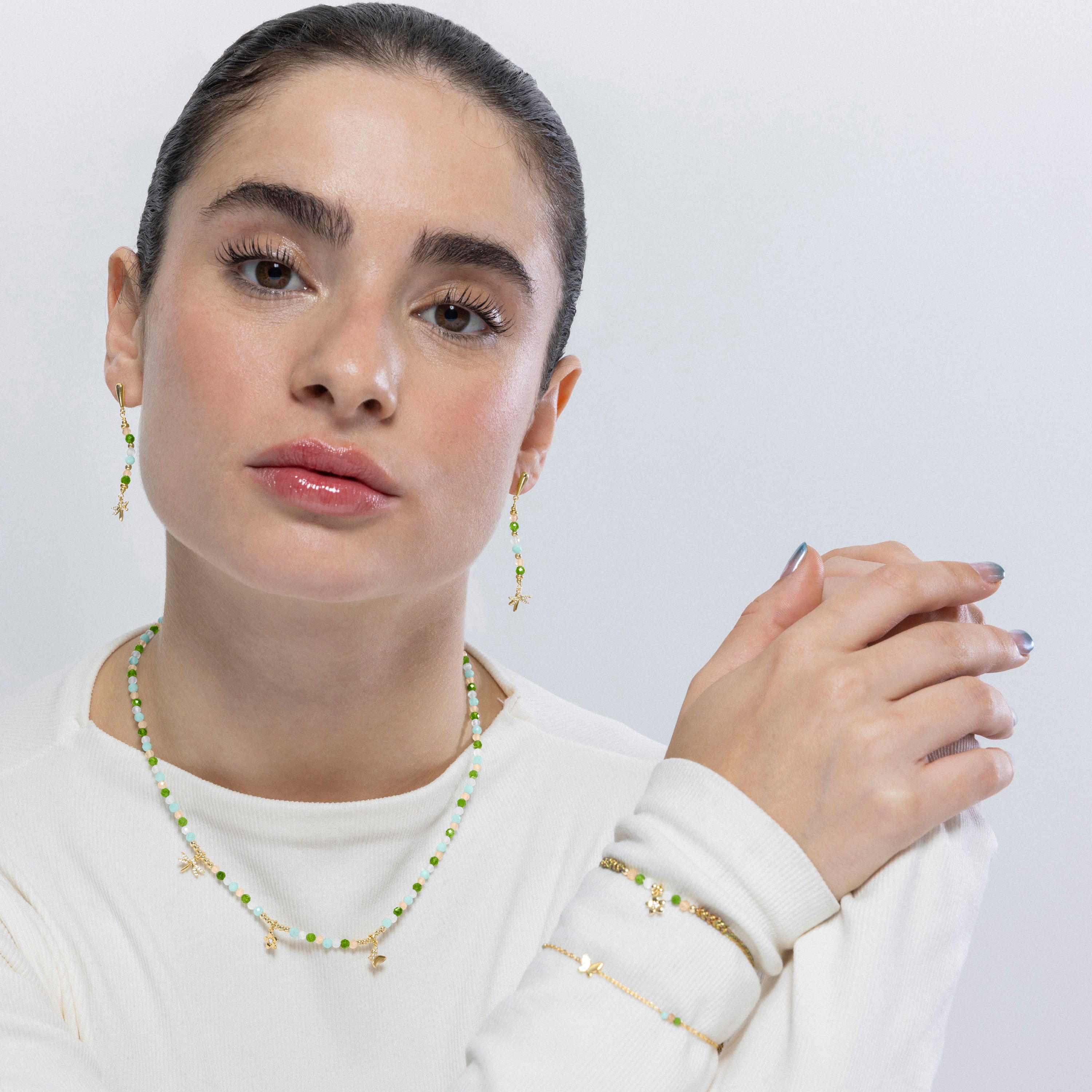 925 Sterling Silver and Green Crystal Necklace finished in 18K yellow gold - Lok