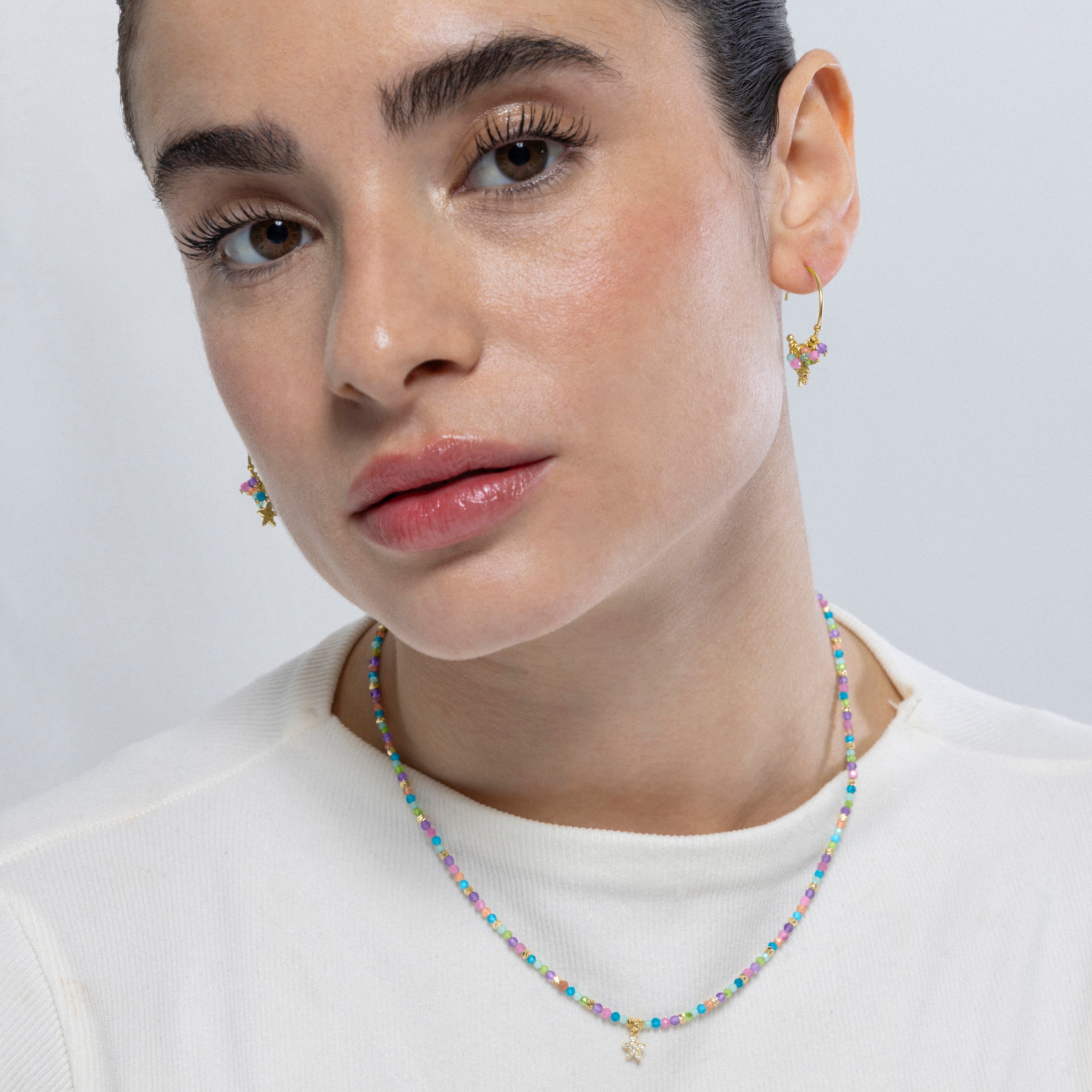 925 Sterling Silver and Multicolor Crystal Necklace finished in 18K yellow gold - Star