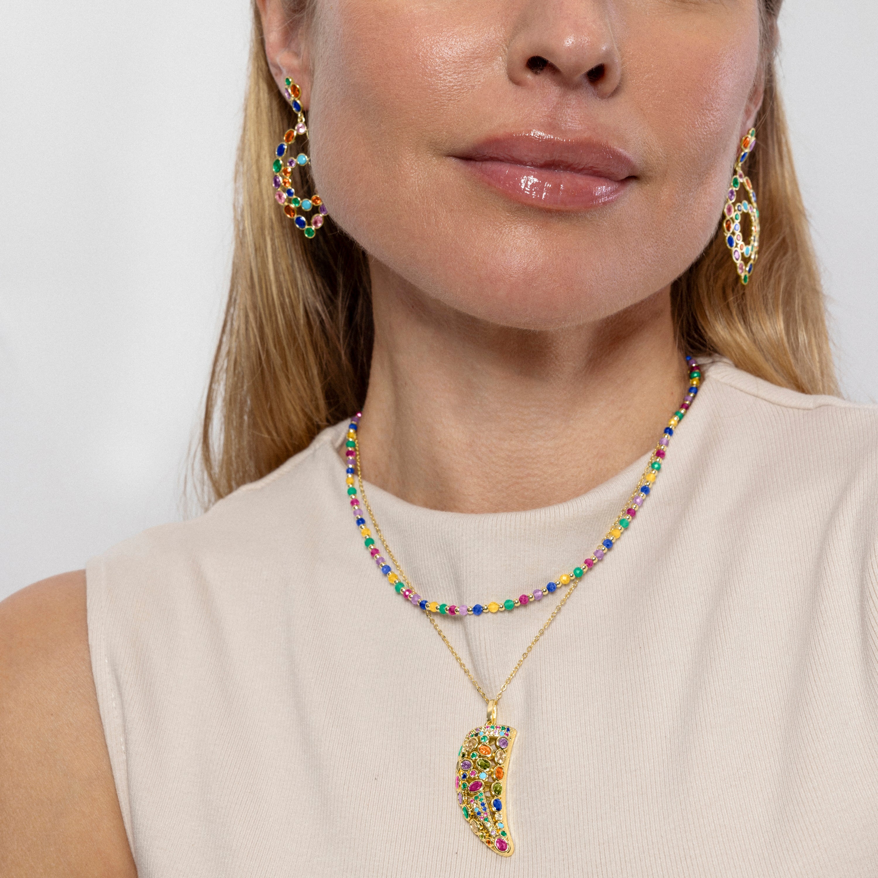 925 Sterling Silver and Multicolor Crystal Necklace finished in 18K yellow gold - Shedi