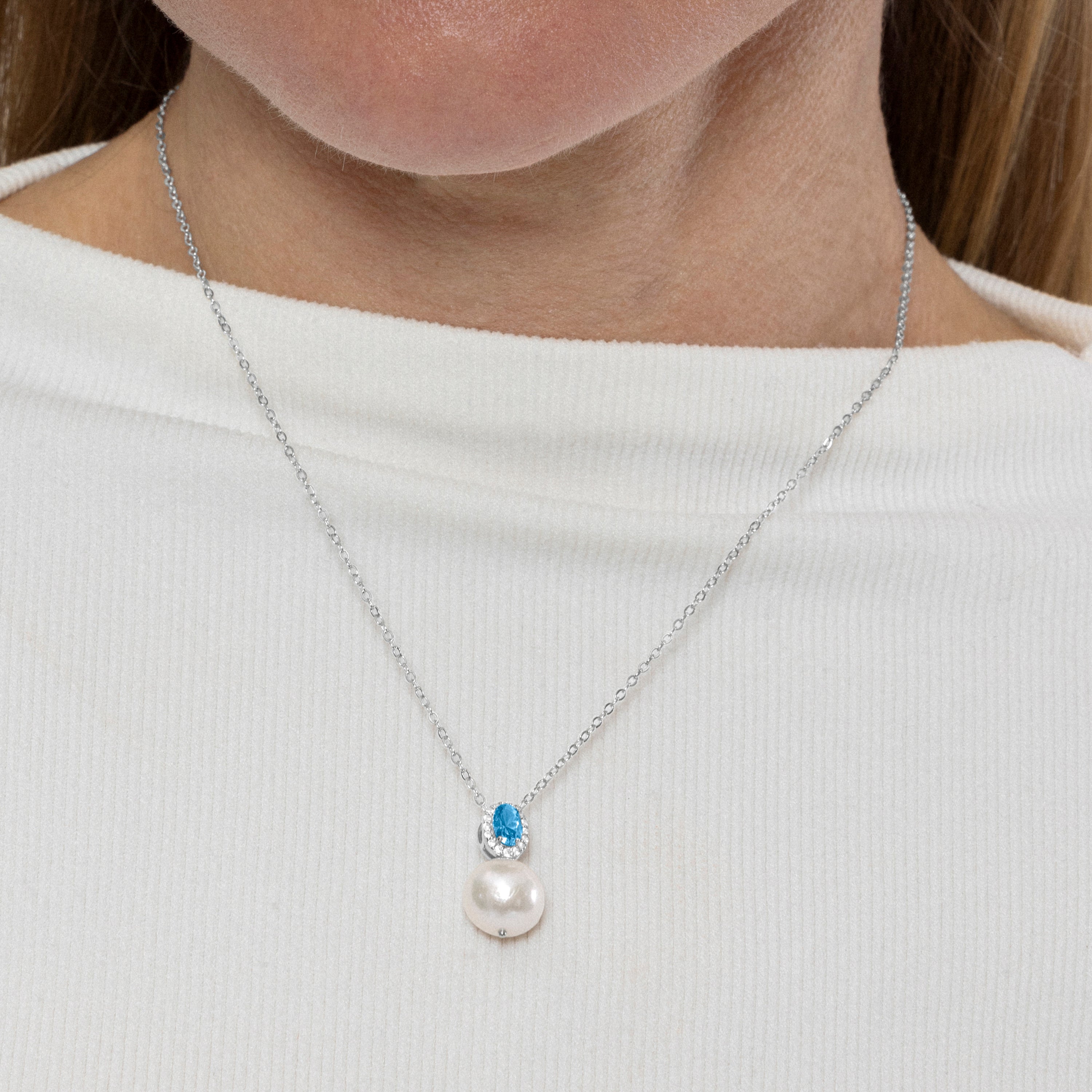 925 Sterling Silver and White Pearl Necklace with Rhodium Finish - Saayn