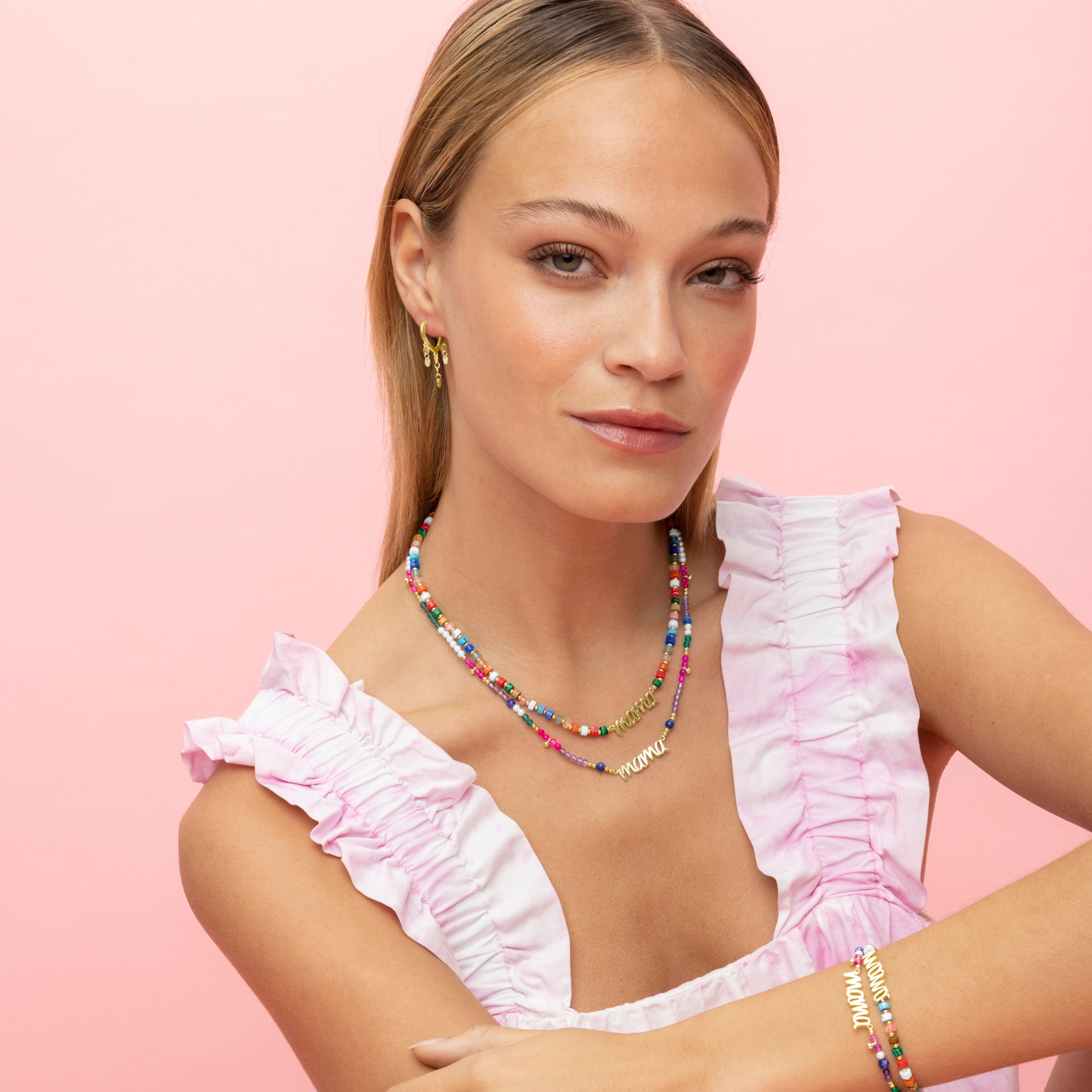 925 Sterling Silver and Multicolor Crystal Necklace finished in 18k yellow gold - Mama
