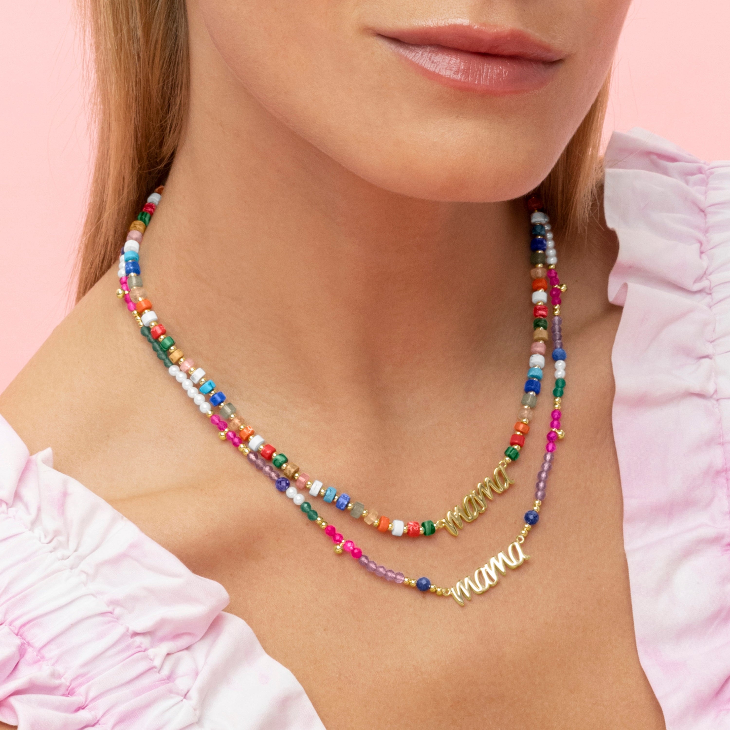 925 Sterling Silver and Multicolor Crystal Necklace finished in 18k yellow gold - Mama