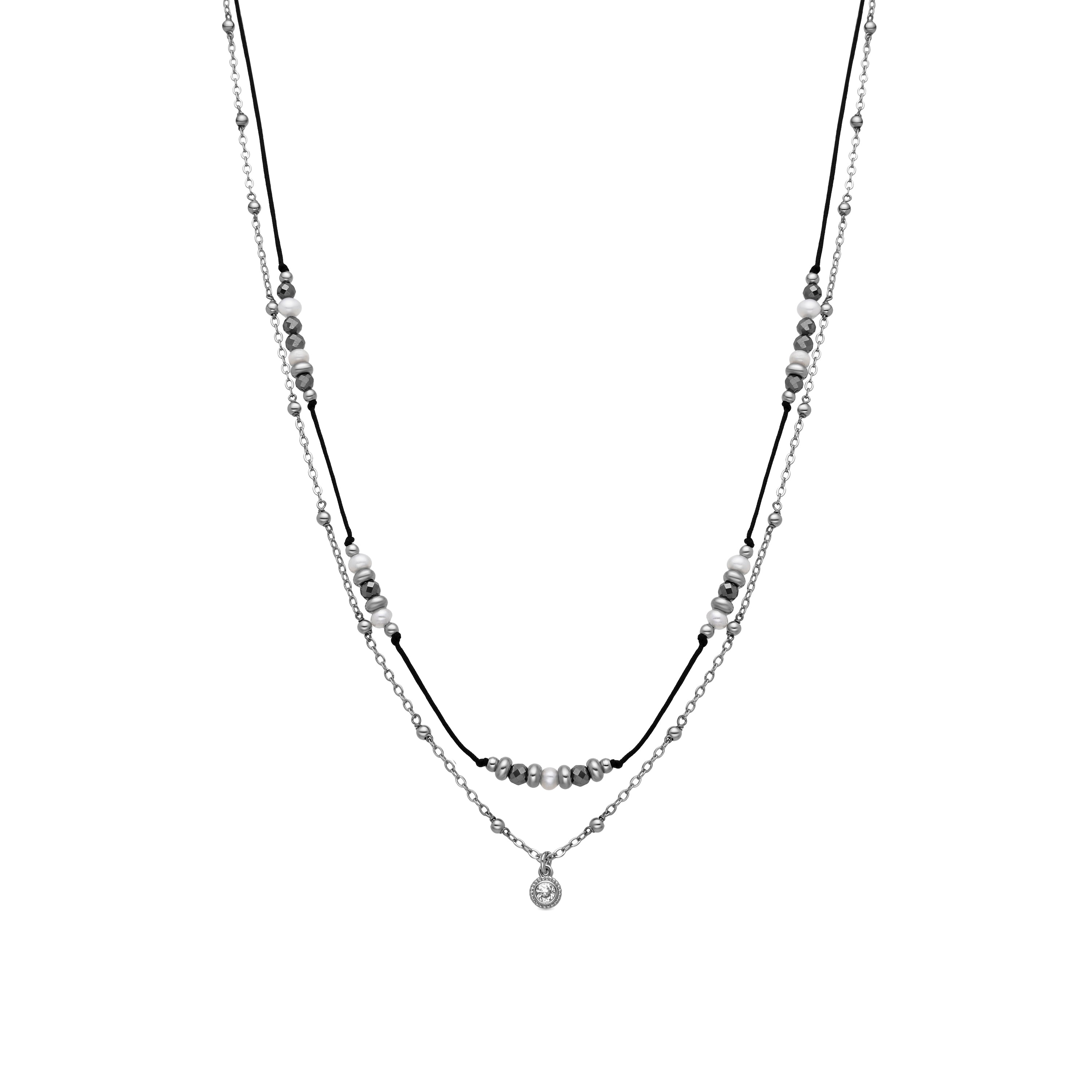 925 Sterling Silver and White Pearl Necklace with Rhodium Finish - Apses