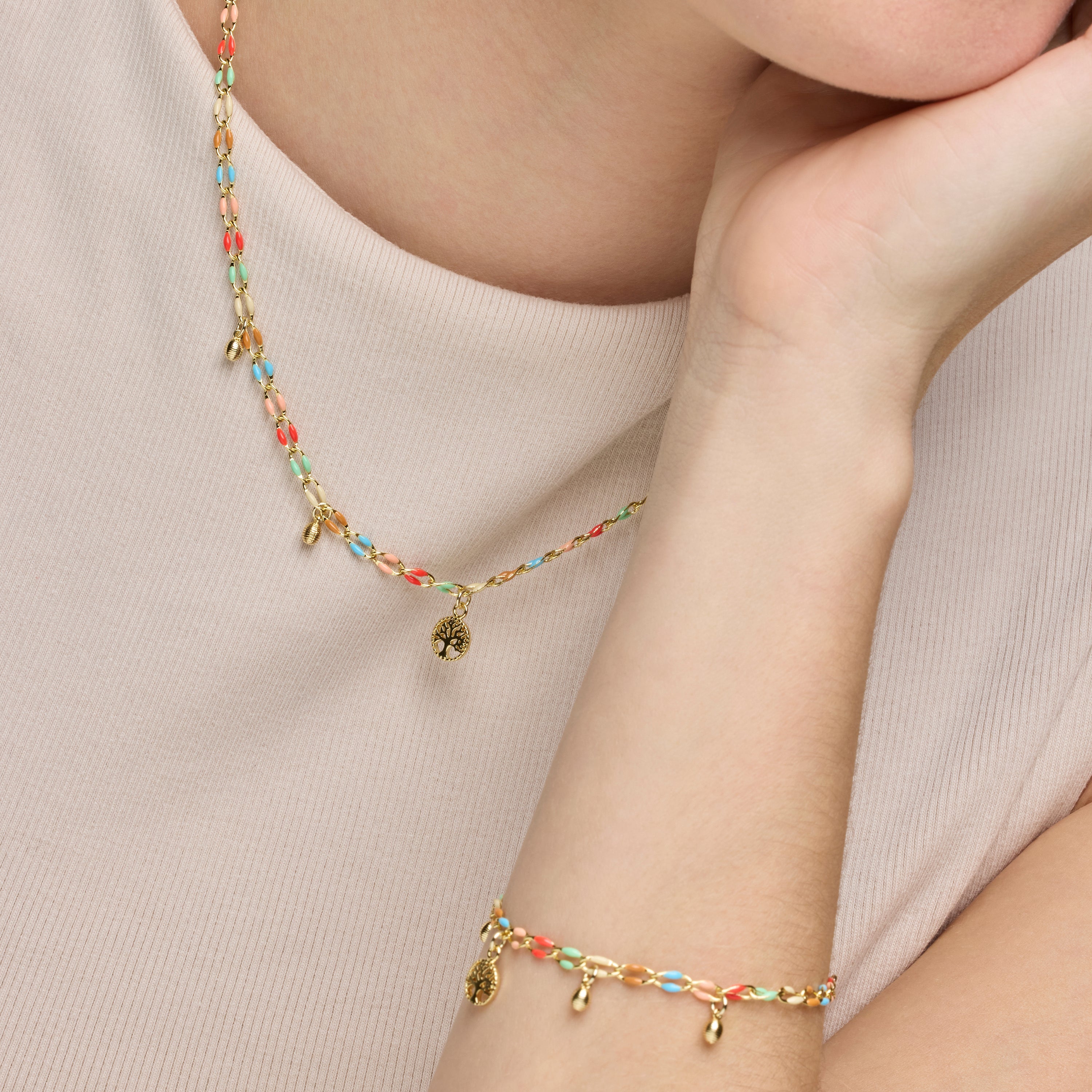 925 Sterling Silver and Multicolor Lacquer Necklace with 18k Yellow Gold Finish - Ximue