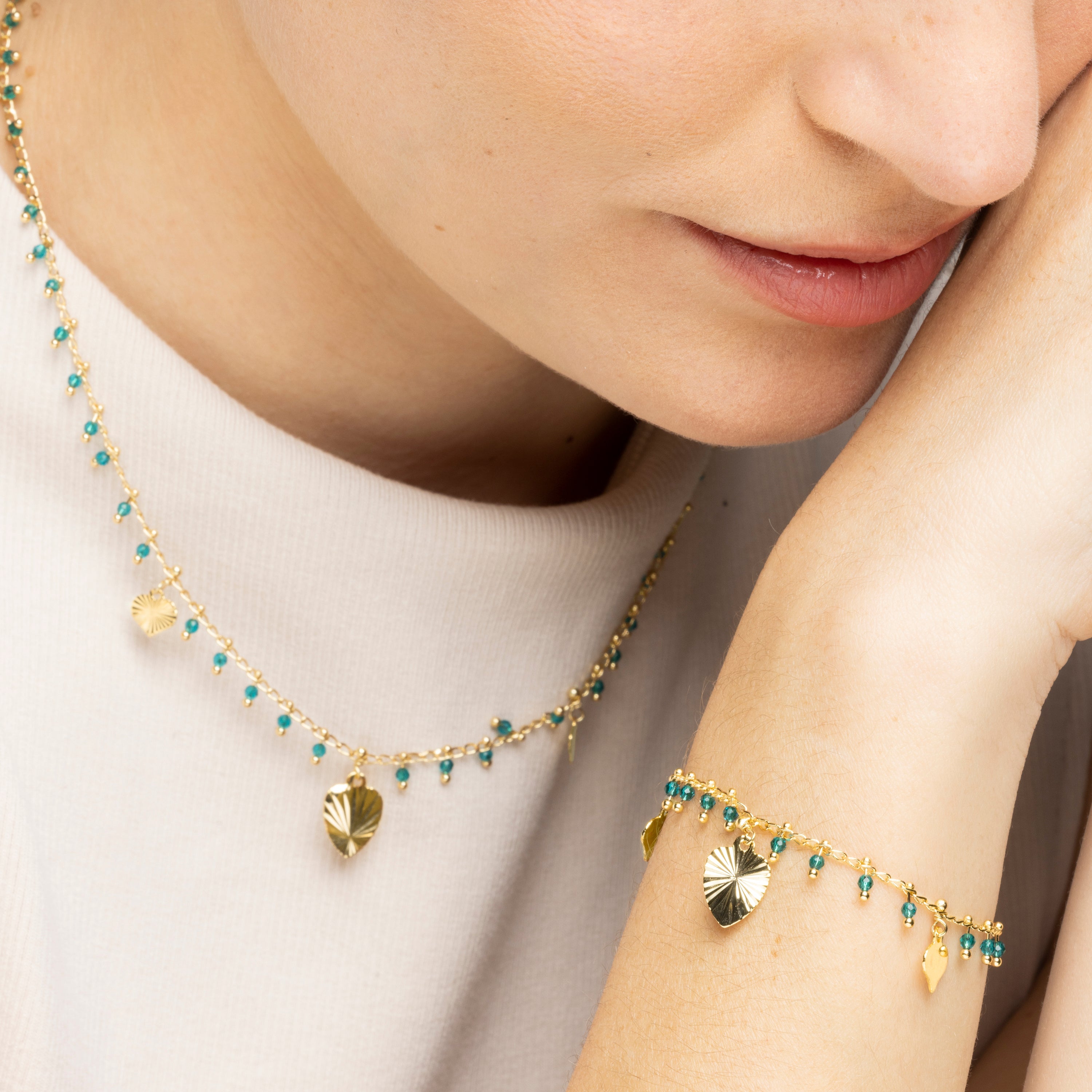 925 Sterling Silver and Green Crystal Necklace with 18k Yellow Gold Finish - Dadrec