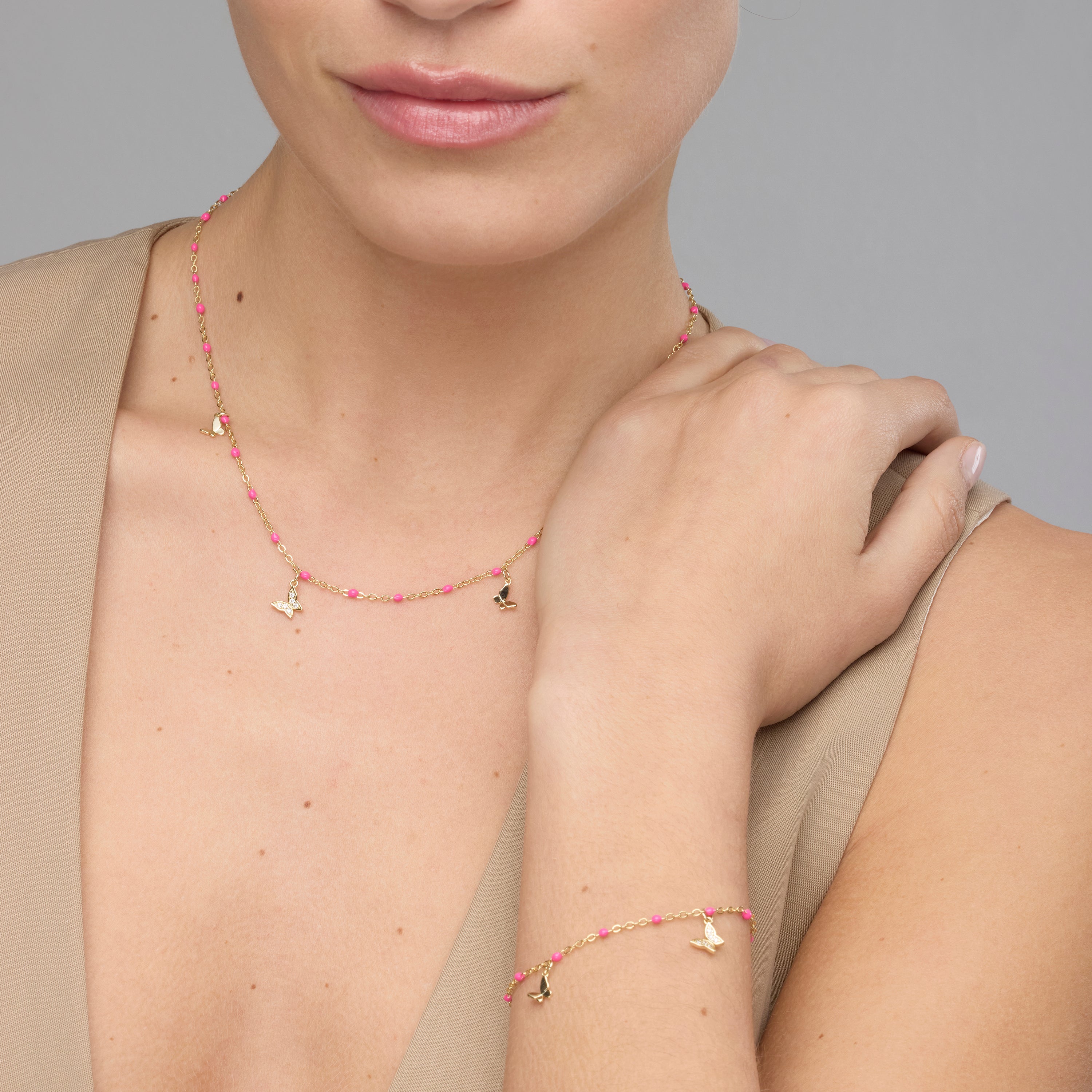 925 Sterling Silver and Pink Lacquer Necklace with 18k Yellow Gold Finish - Zumre