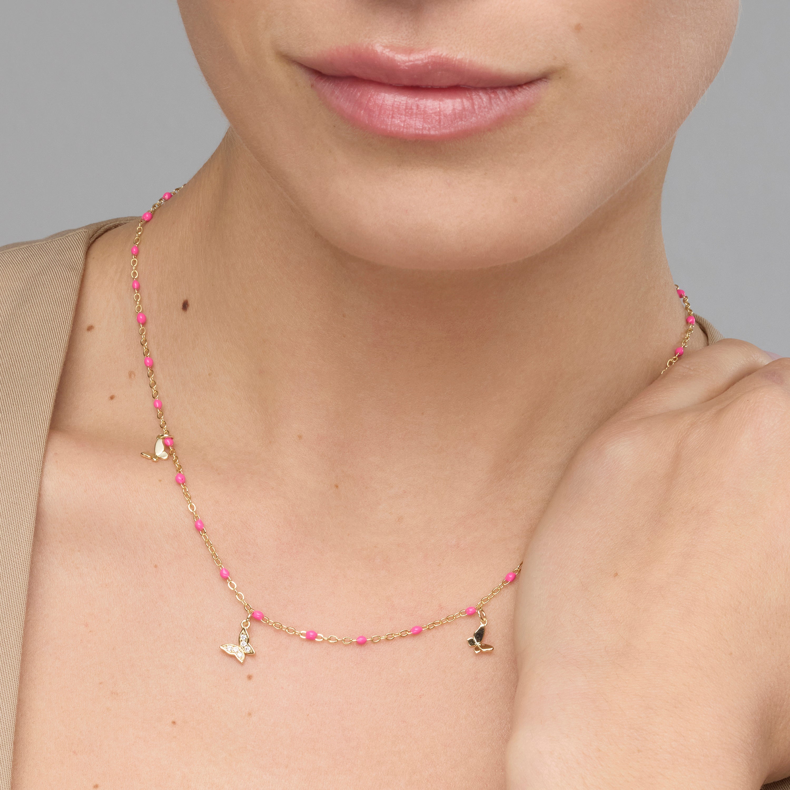 925 Sterling Silver and Pink Lacquer Necklace with 18k Yellow Gold Finish - Zumre