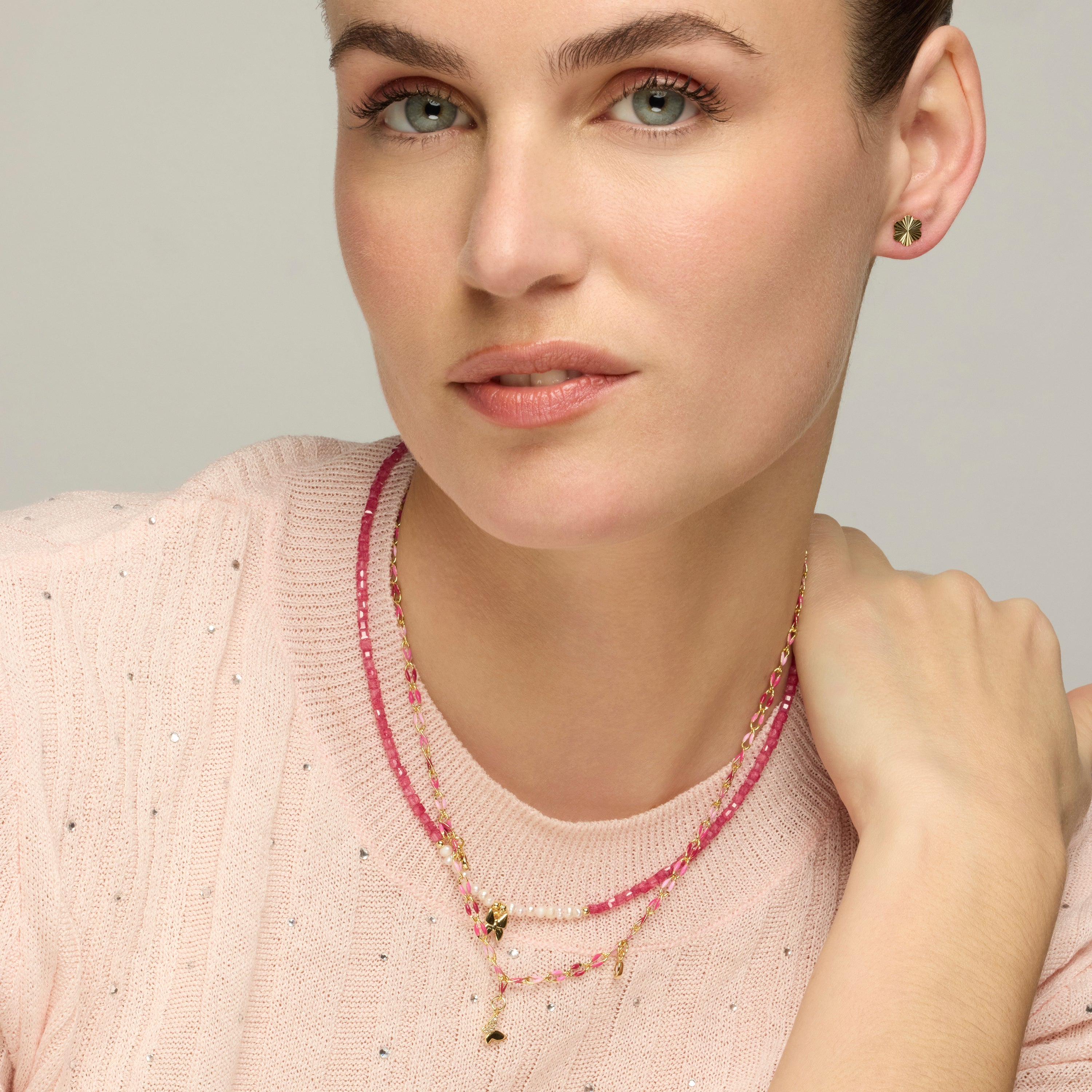 925 Sterling Silver and Pink Lacquer Necklace with 18k Yellow Gold Finish - Axelon