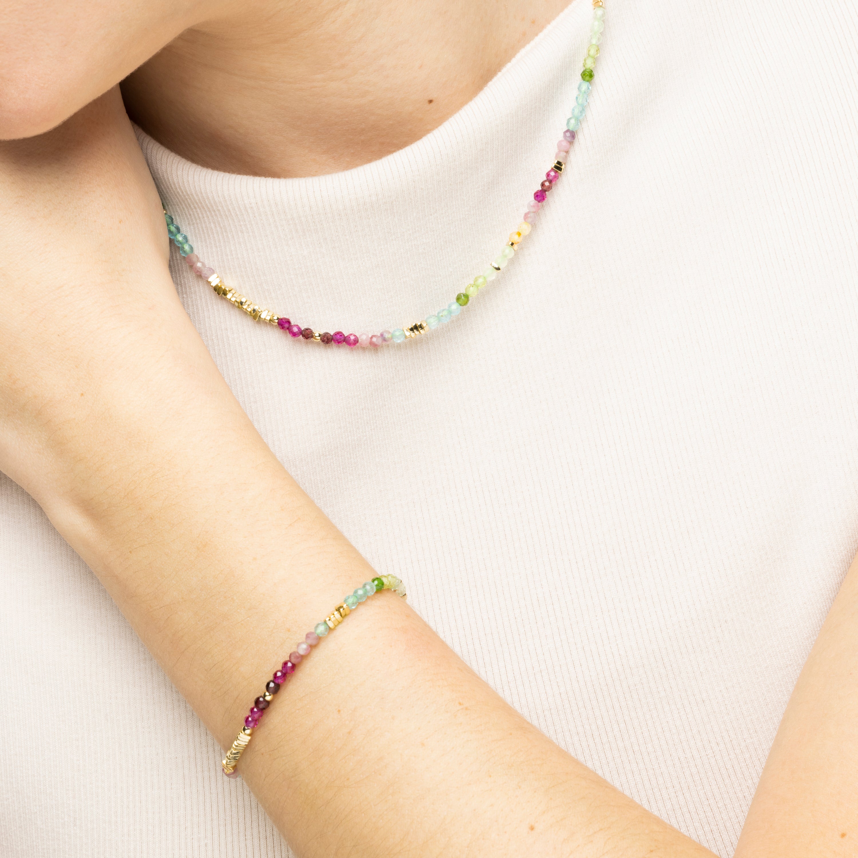 925 Sterling Silver and Multicolor Crystal Necklace, 18k Yellow Gold Finish - Ane