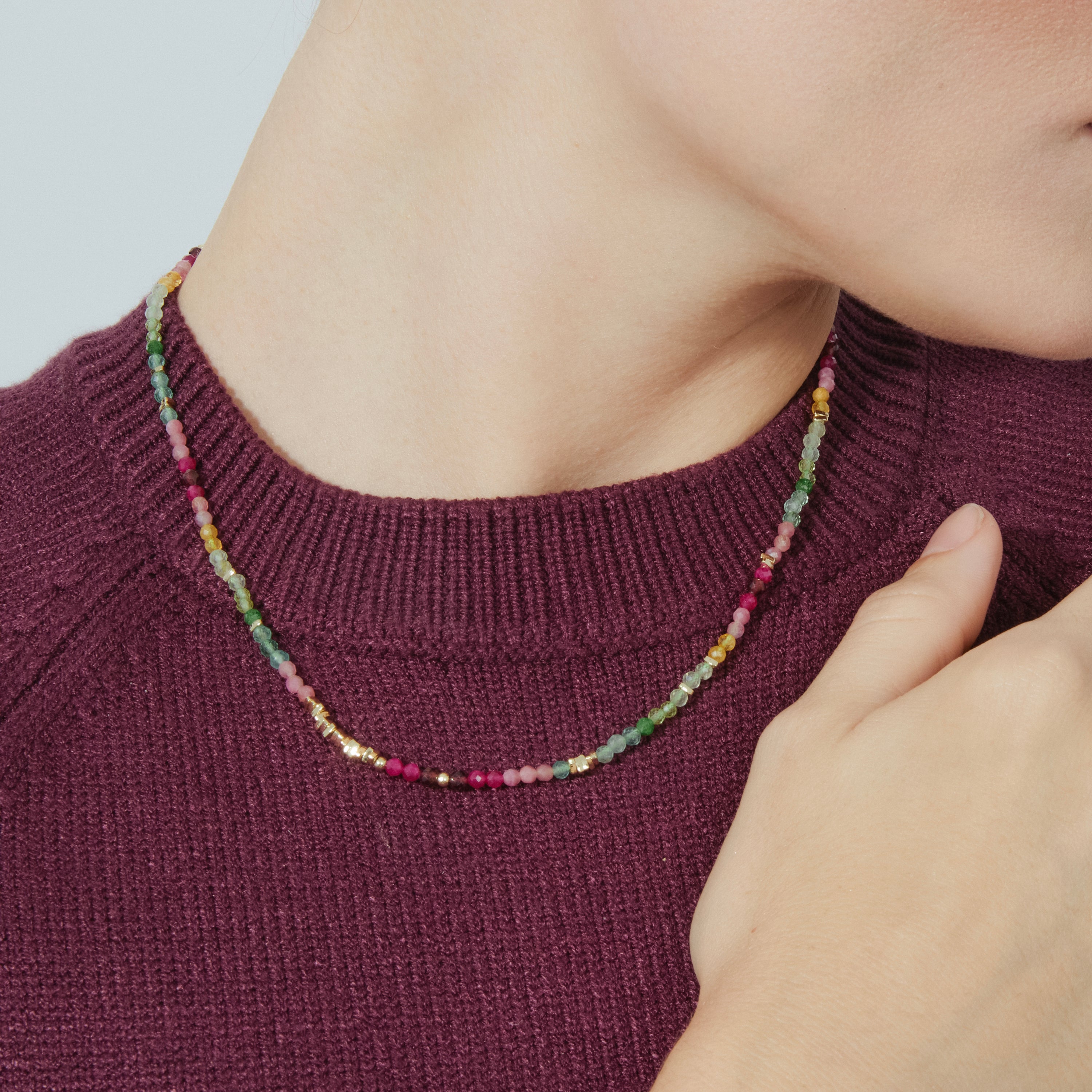 925 Sterling Silver and Multicolor Crystal Necklace, 18k Yellow Gold Finish - Ane